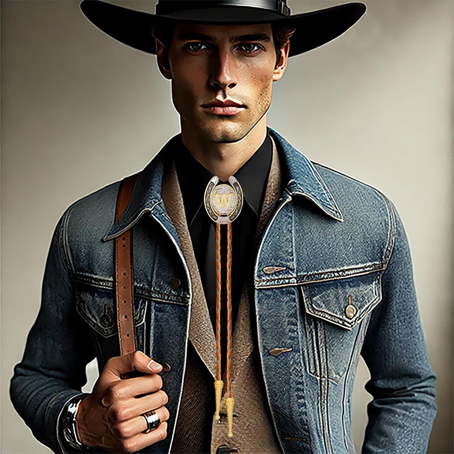 Bolo tie for Men Western Cowboy Brown Leather Necktie Gold Initial Letter ABCDJMR to Z Bolo ties for Women - Image 2