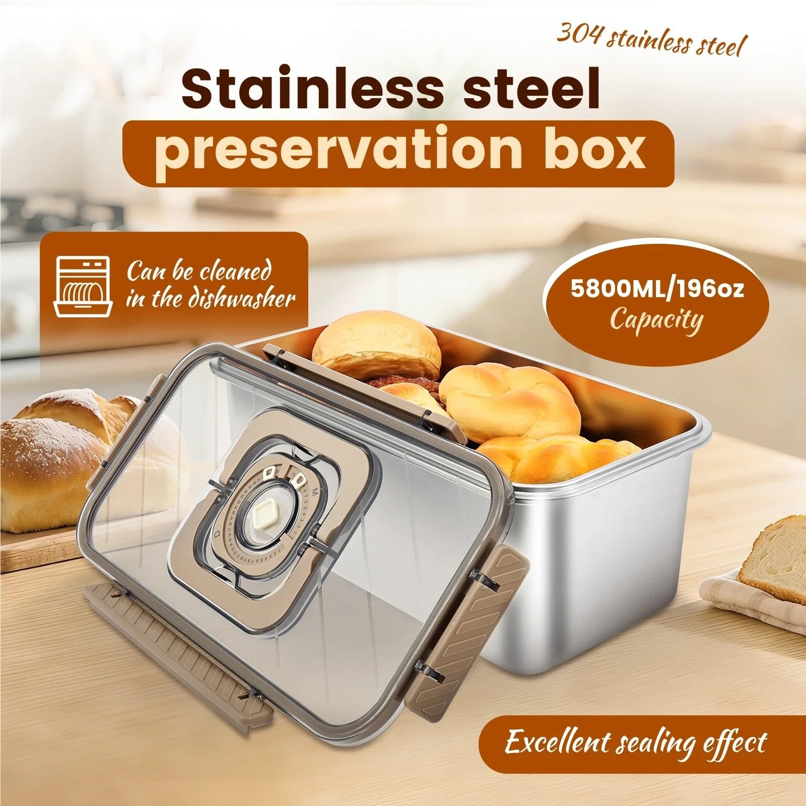 Scatola for pane in acciaio inossidabile da 5,8 litri con maniglia Registrazione del tempo Contenitori sigillati for alimenti Contenitore for pranzo cucina a buffet per Pane