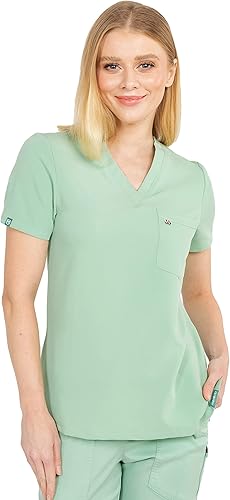 Mediclo Sal Essential - Camiseta médica para mujer respetuosa con el medio ambiente tela FYSEL sostenible cuello en V bolsillo en el pecho ropa de