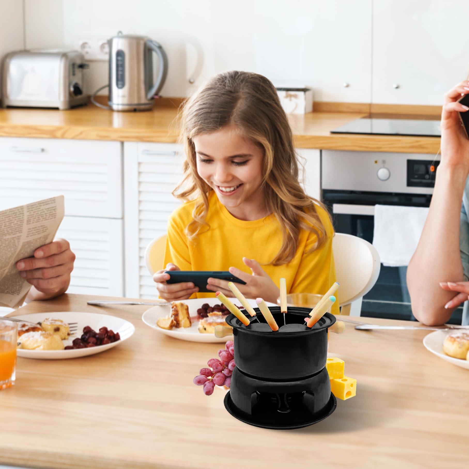 Juego de Fondue. Taza de Fondue de Chocolate de Acero al Carbono con 6 Tenedores. Taza para derretir Chocolate, Queso y Carne. para 6 Personas.