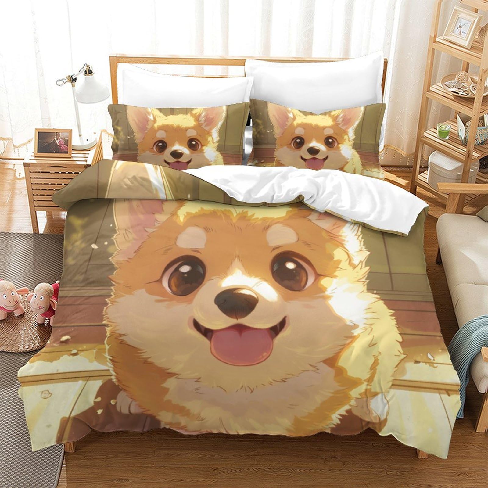 Housse de couette Corgi 3D Super King 260x220 cm avec taies d'oreiller en microfibre pour lit double
