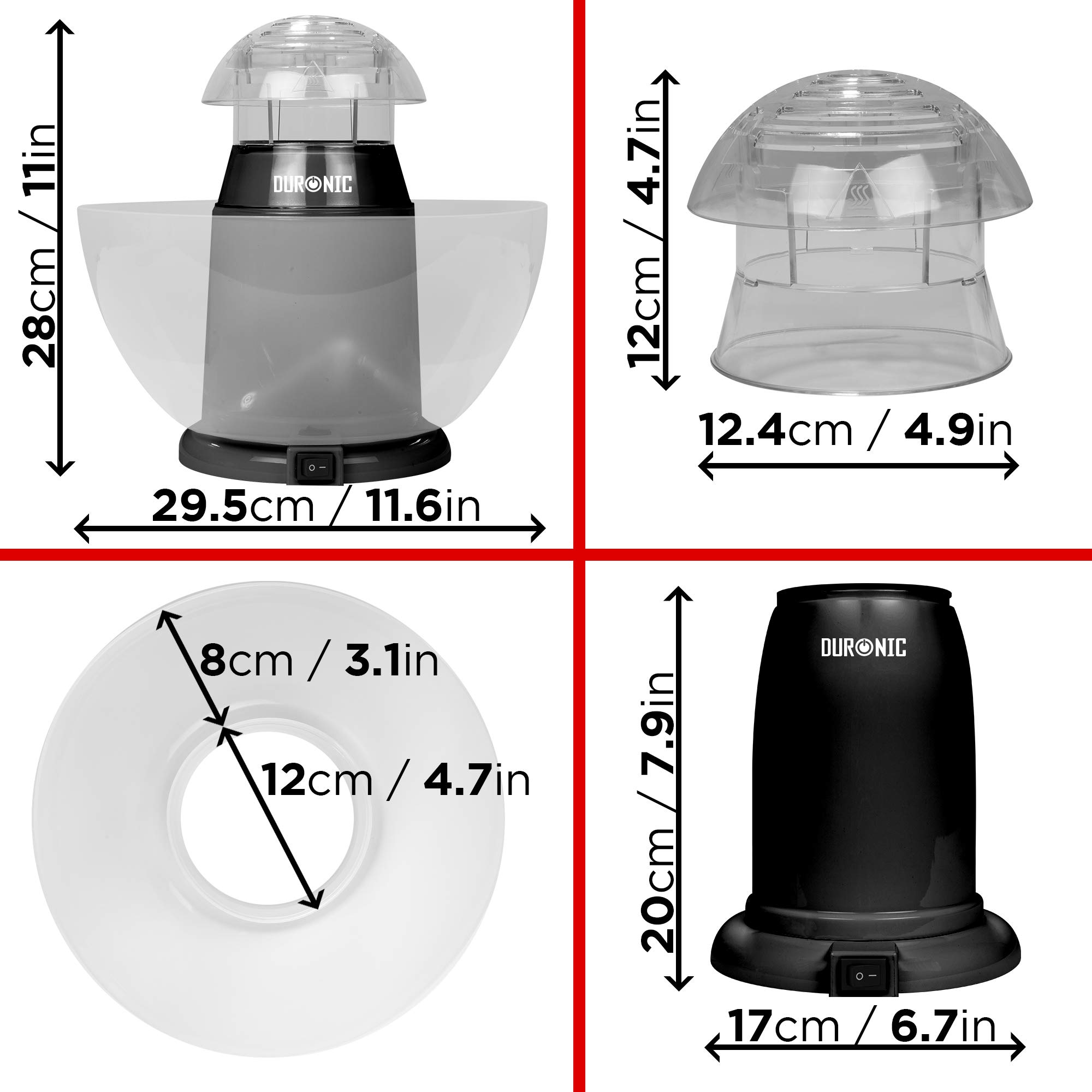 Duronic POP50 BK Maszyna do popcornu automat 1200W z wyjmowaną misą bezolejowa | do prażenia 50g ziaren przekąska bez tłuszczu | na gorące powietrze