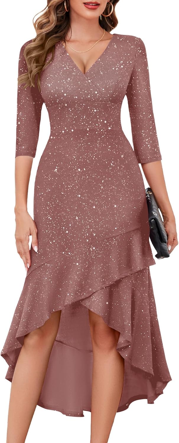 BeryLove Sequin Formal Cocktail Wedding Guest Dress Prom Sparkly Party Evening Gowns Ruffle Hi Low Midi Dresses