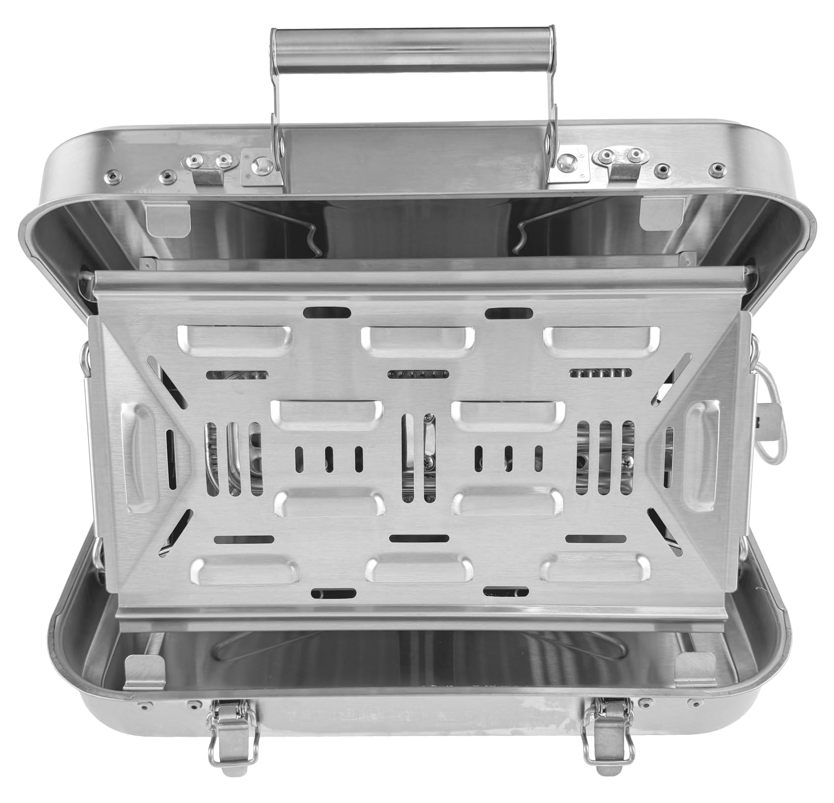 GARDINGER BBQ 45 mobiler Koffergrill aus Edelstahl für Gaskartuschen | Klappbarer Camping-Grill für Picknick Outdoor mit Edelstahlgrillzange | 44,5x30x11,3 cm