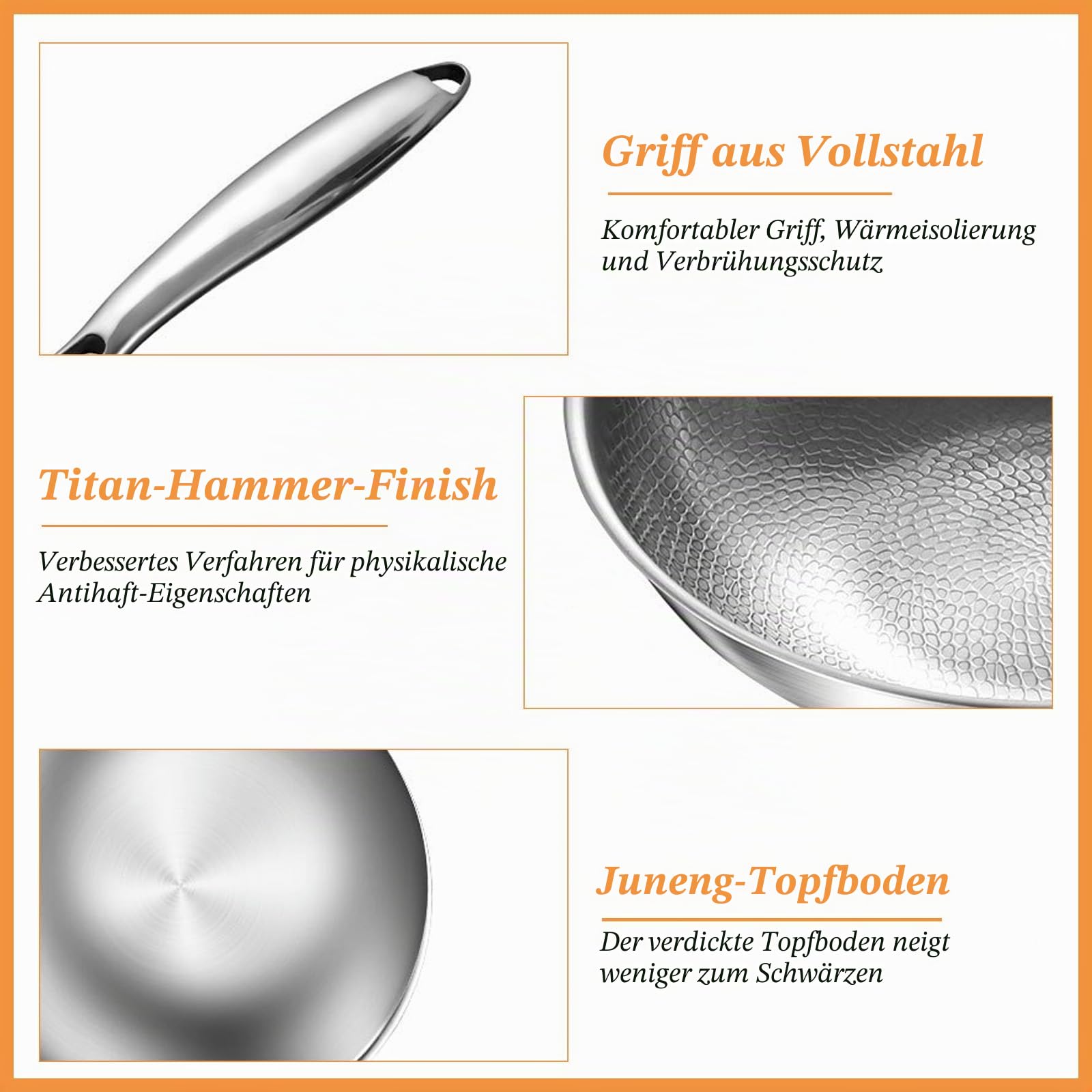 Edelstahl Wokpfanne 30 cm mit Deckel Bratpfanne,Verdickt Ultra-Haltbar Titan Bratpfanne Edelstahl Wokpfannen mit Deckel induktionsgeeignet,Backofenfest bis 400°C,Unbeschichtet