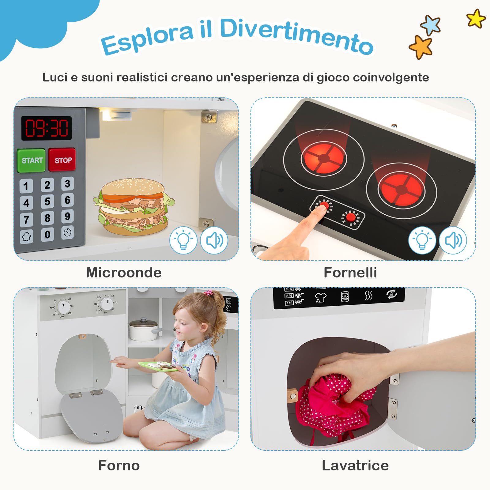 RELAX4LIFE Cucina Giocattolo per Bambini, Mini Cucina Angolare in Legno con Luci e Suoni Reali, Utensili, Set Giocattoli per Bambini 3+ Anni, 105 x 30 x 95 cm (Bianco)
