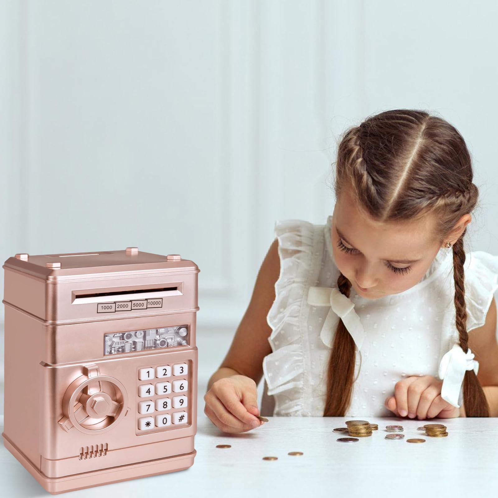 Salvadanaio elettronico per bambini dai 3 anni in su, codice elettronico password, cassaforte ATM con modalità musicale, salvadanaio elettronico digitale per bambini, giocattolo con scorrimento