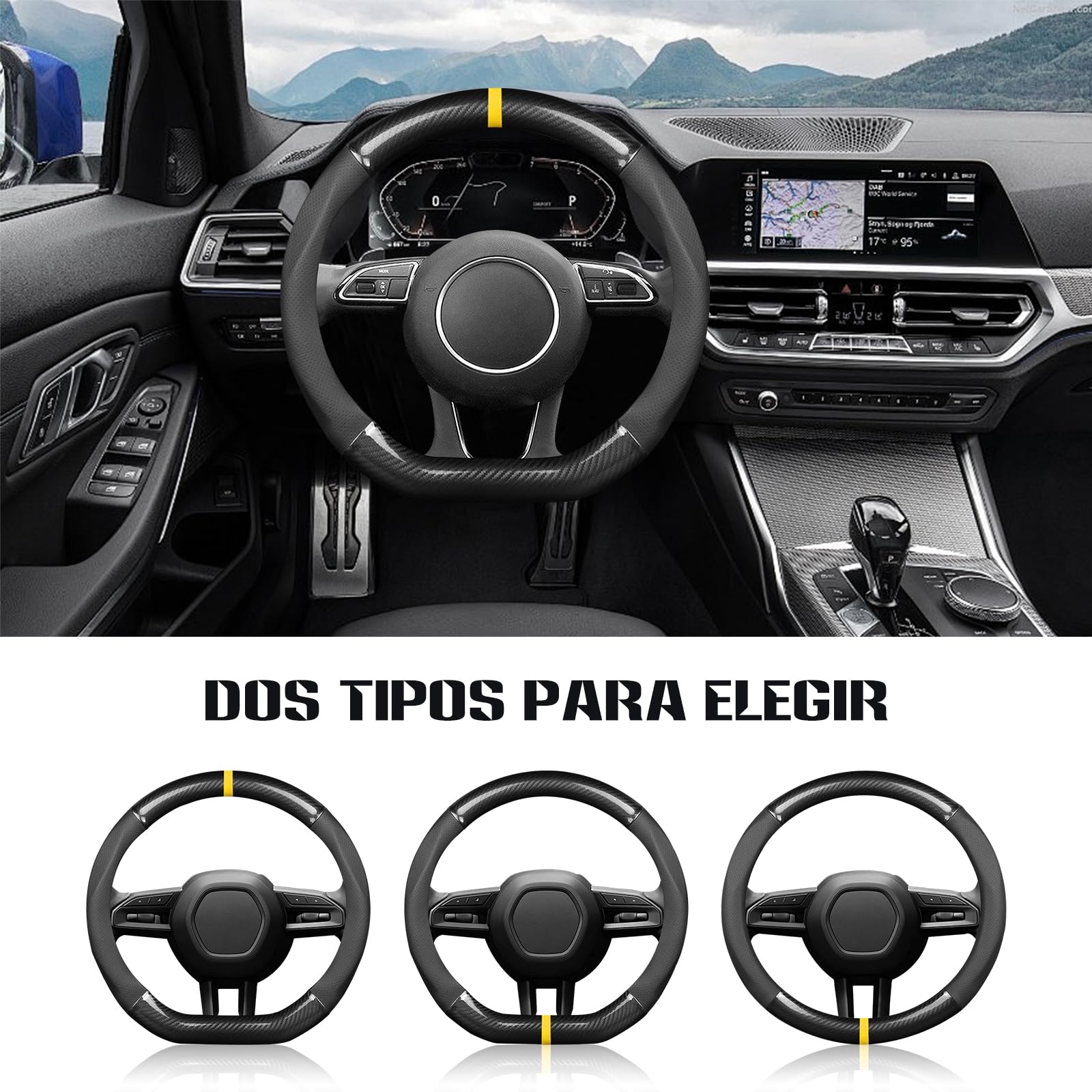 Ergocar Funda Volante De Coche Antideslizante Volante D Fibra de Carbono & Cuero PU para Diámetro 38cm (15 ")