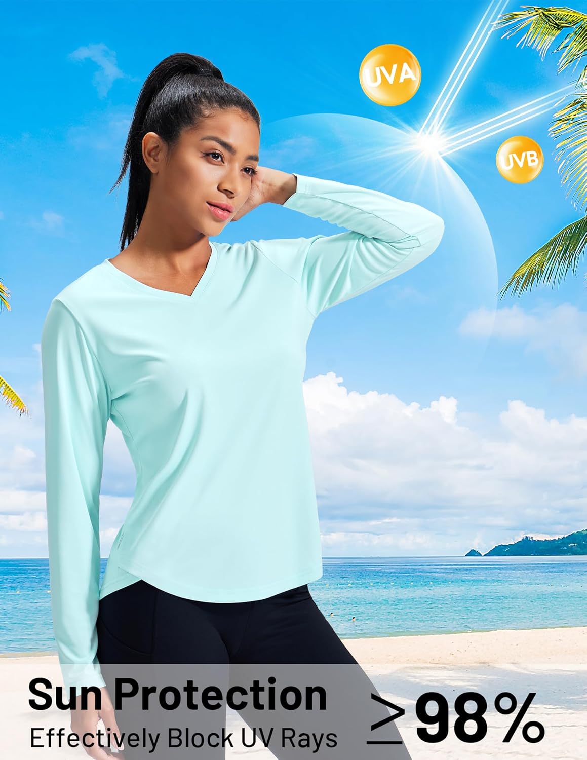 MIER Long Sleeve Workout Tops for Women UPF 50+ SPF UV Protection Sun Shirts Dry Fit Athletic Running Gym Tshirt, V-Neck - Image 2