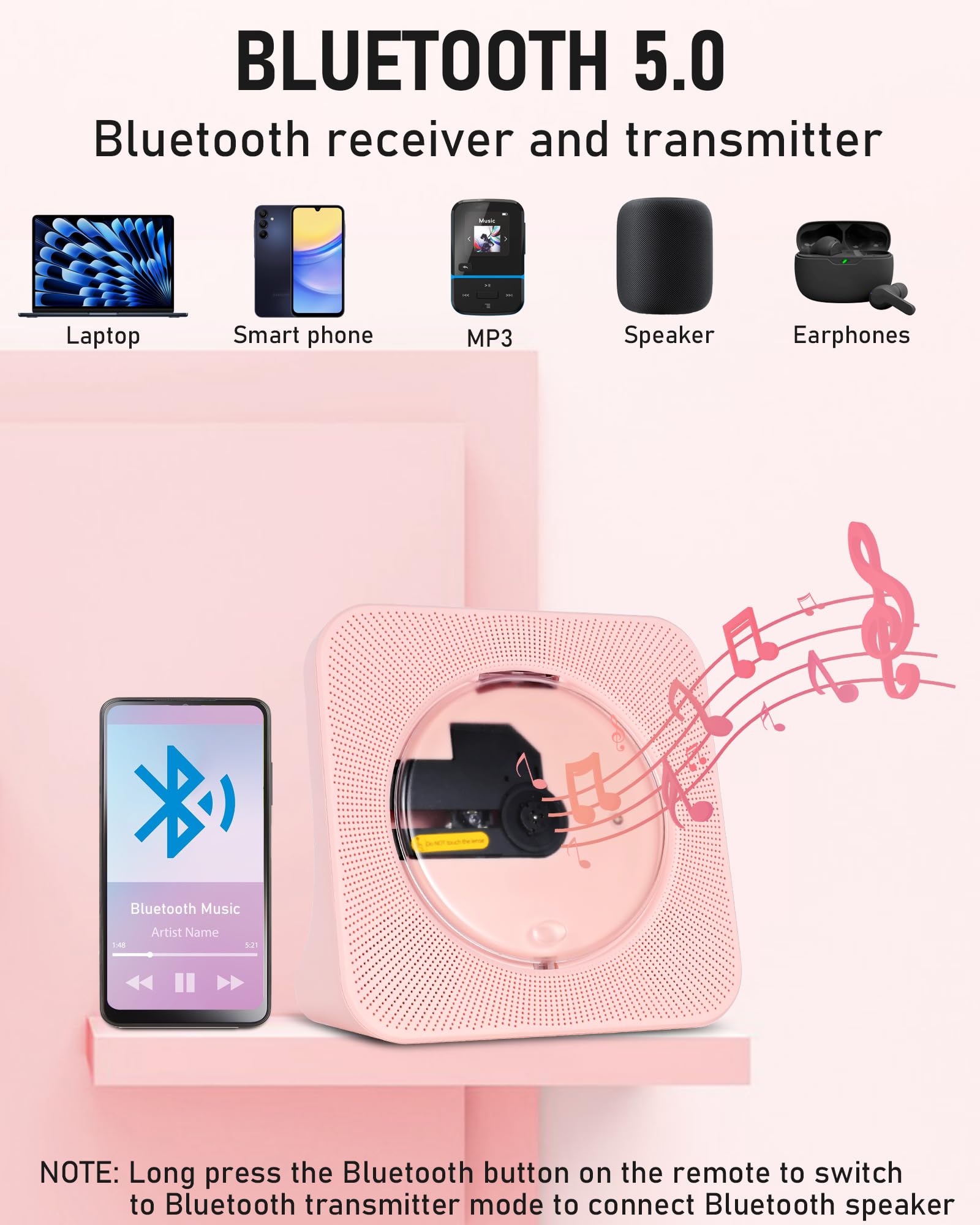 Lecteur CD Bluetooth, USB, Entrée/Sortie AUX, Régulation Audio FM, Lecteurs CDs de Bureau, Lecteur CD Portable HiFi en avec Télécommande, Lecteurs CDs Rose