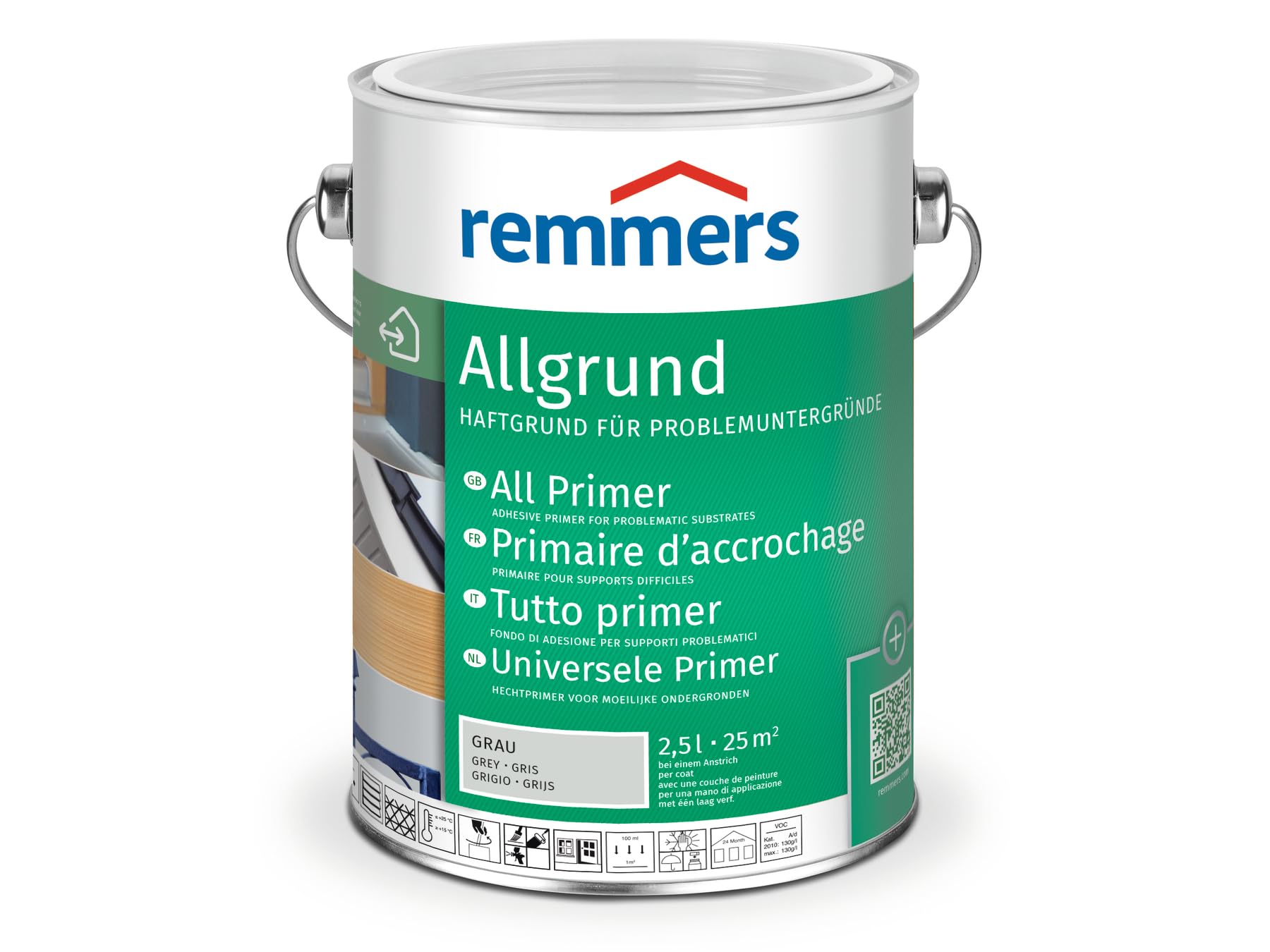 Remmers Allgrund, szary, 2,5 litra, podkład samoprzylepny do metalu, twardego tworzywa sztucznego, drewna, z ochroną przed rdzą i izolujący przed substancjami składowymi drewna, wewnątrz i na zewnątrz