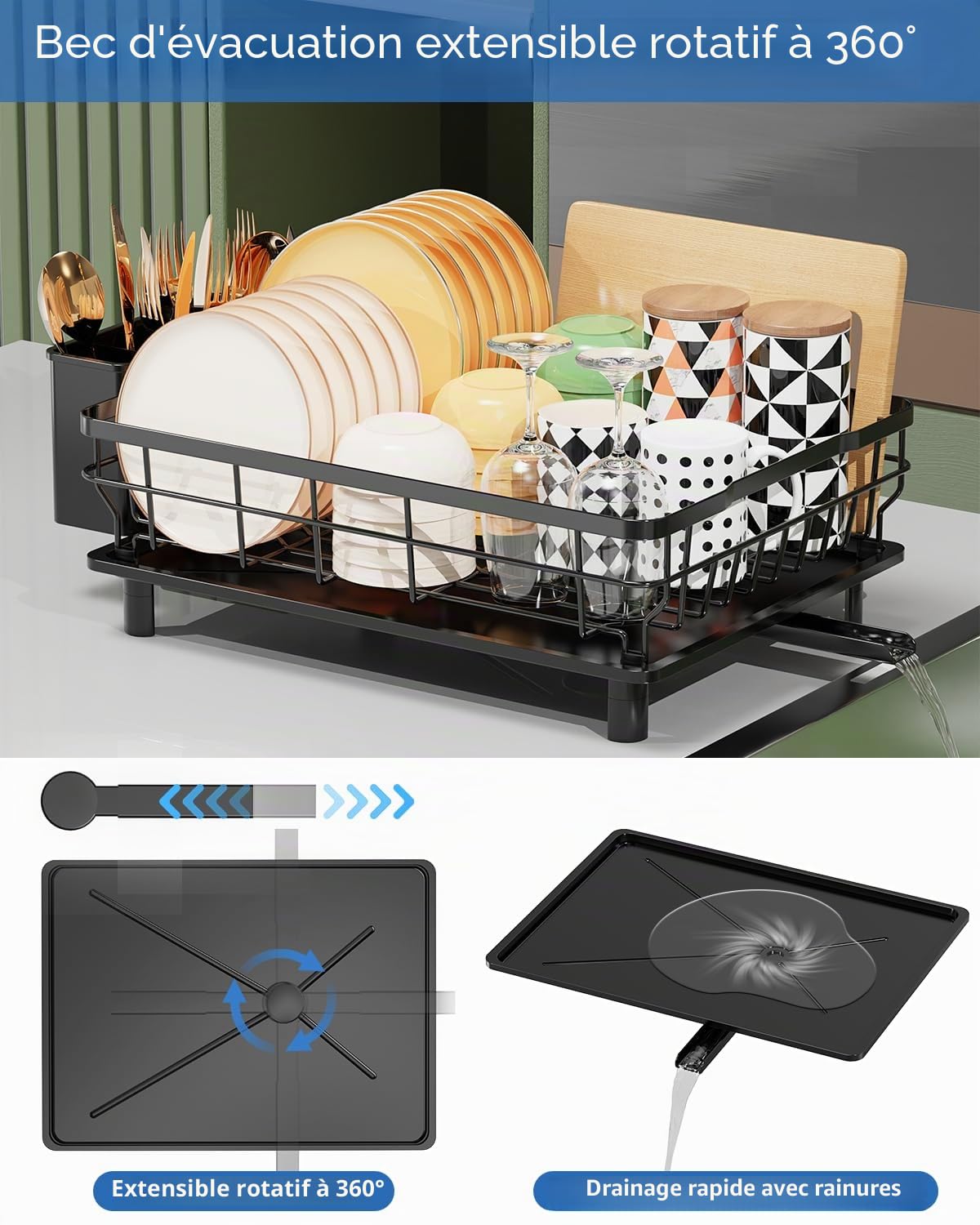 Egoutoire Vaisselle Cuisine,Grande Égouttoir Vaisselle avec Plaque de Drainage,Acier Inoxydable Égouttoir Vaisselle avec Porte-Ustensiles et Buse Rotative,Séchoir à Vaisselle Rangement