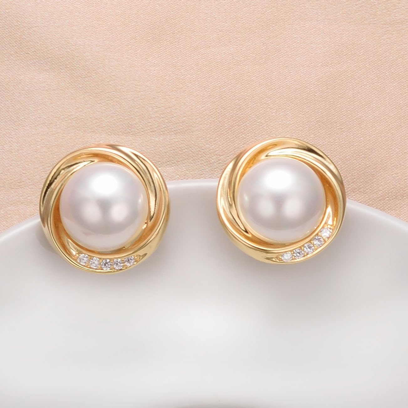 Yoursfs Round White Pearl Stud Earrings for Women Dainty Hypoallergenic Spiral Earrings Cubic Zirconia Jewelry - Image 5