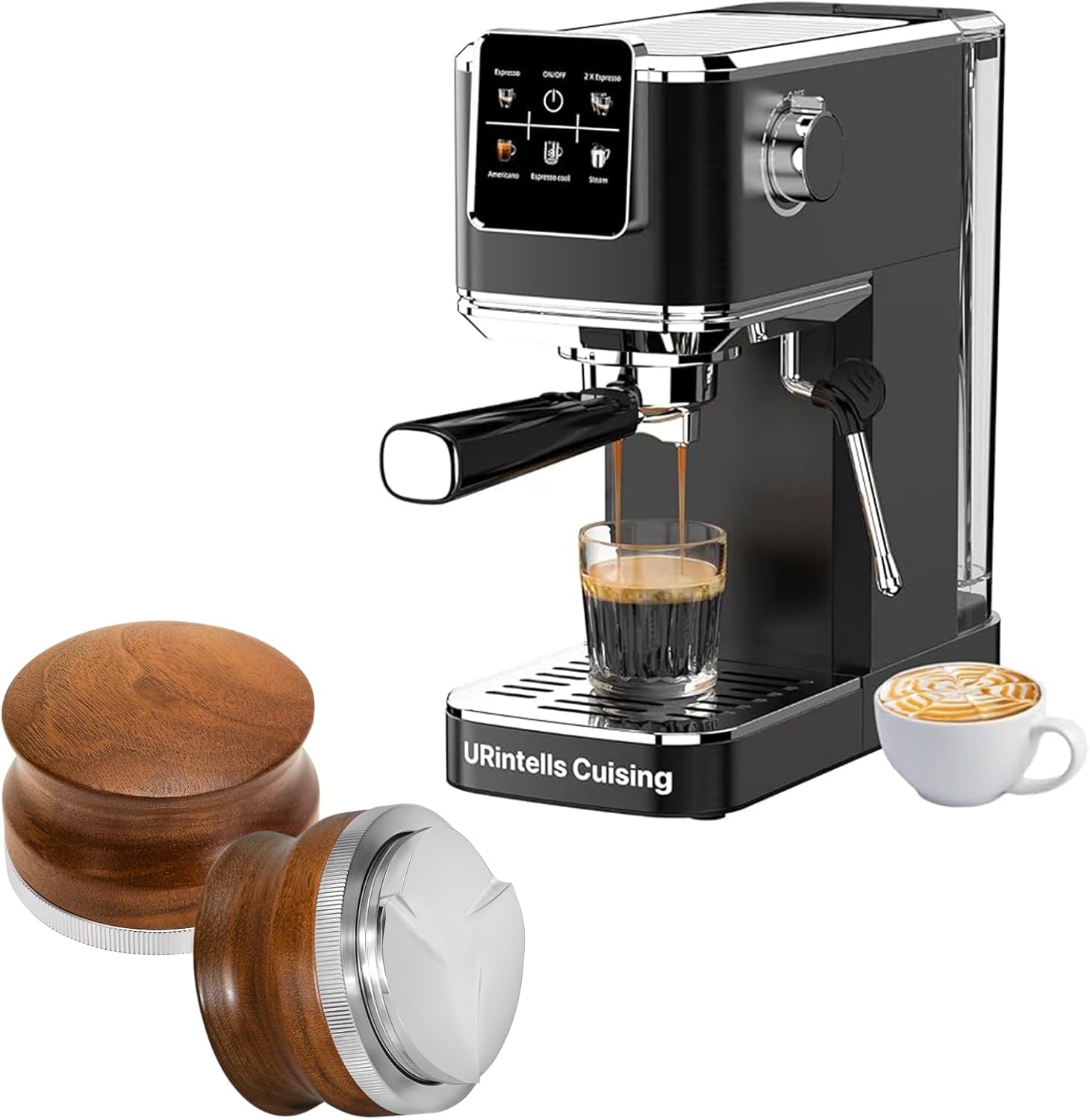 Espresso Machine 20 Bar with Steam Milk Frother & 51mm Distribution Tool Stainless Steel with Rosewood Espresso Handle Gift for Coffee Lovers