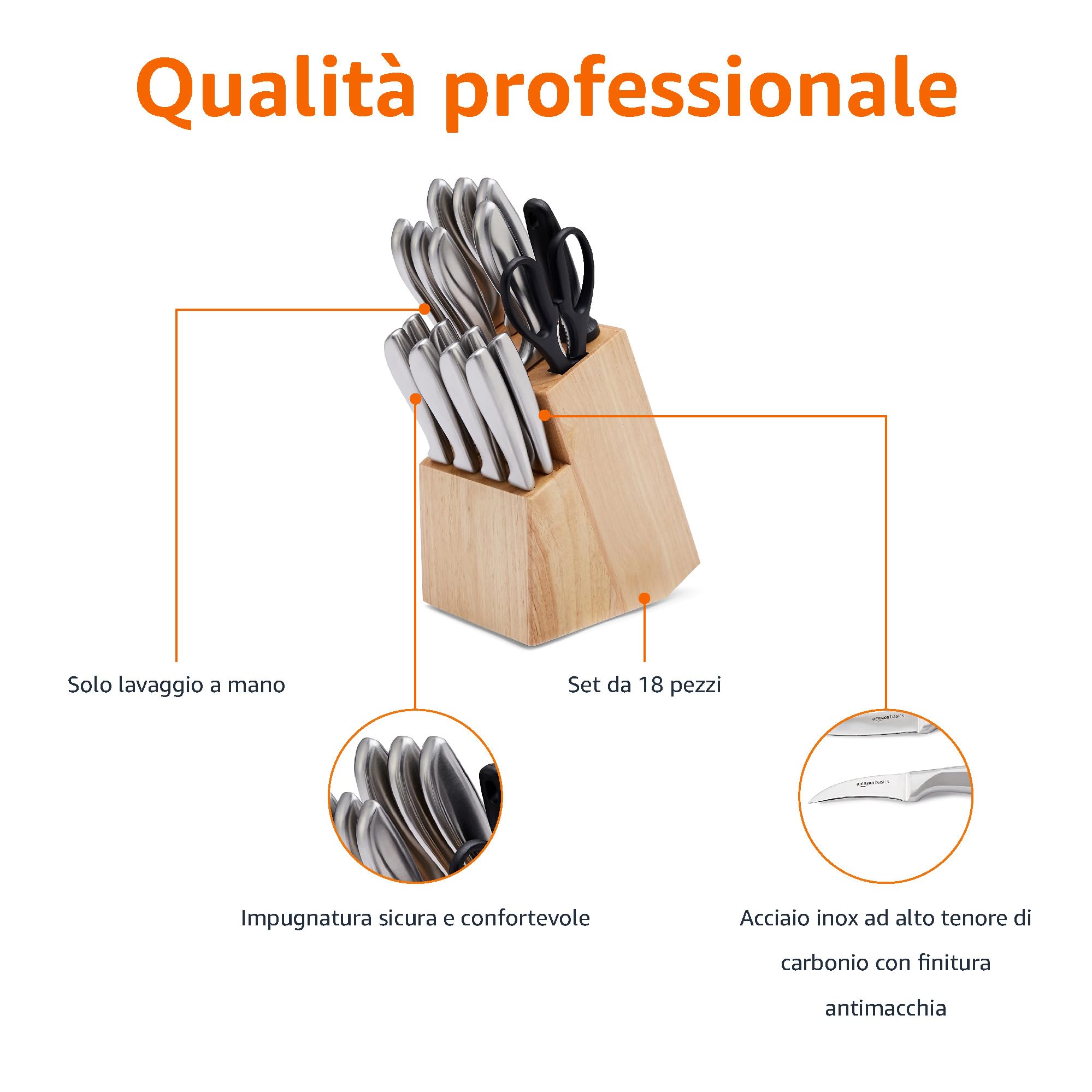 Amazon Basics 18 unità coltelli in acciaio INOX con impugnatura confortevole e blocco, Nero