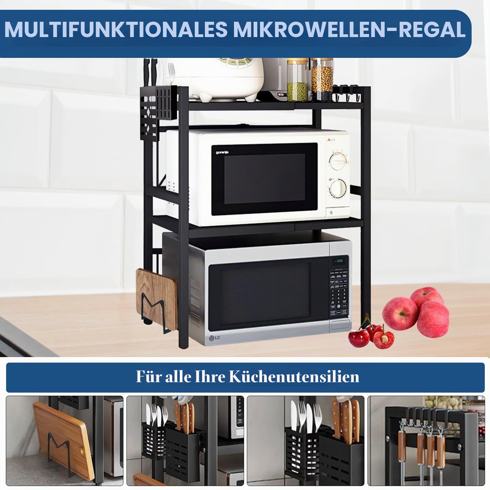 Mikrowellenregal Küchenregal stehend Stahl (3-stufig) | Mikrowellen Regal Mikrowellenschrank | Vorratsregal Bäckerregal höhen & längenverstellbare Ablage, mit 6 Haken - Schwarz