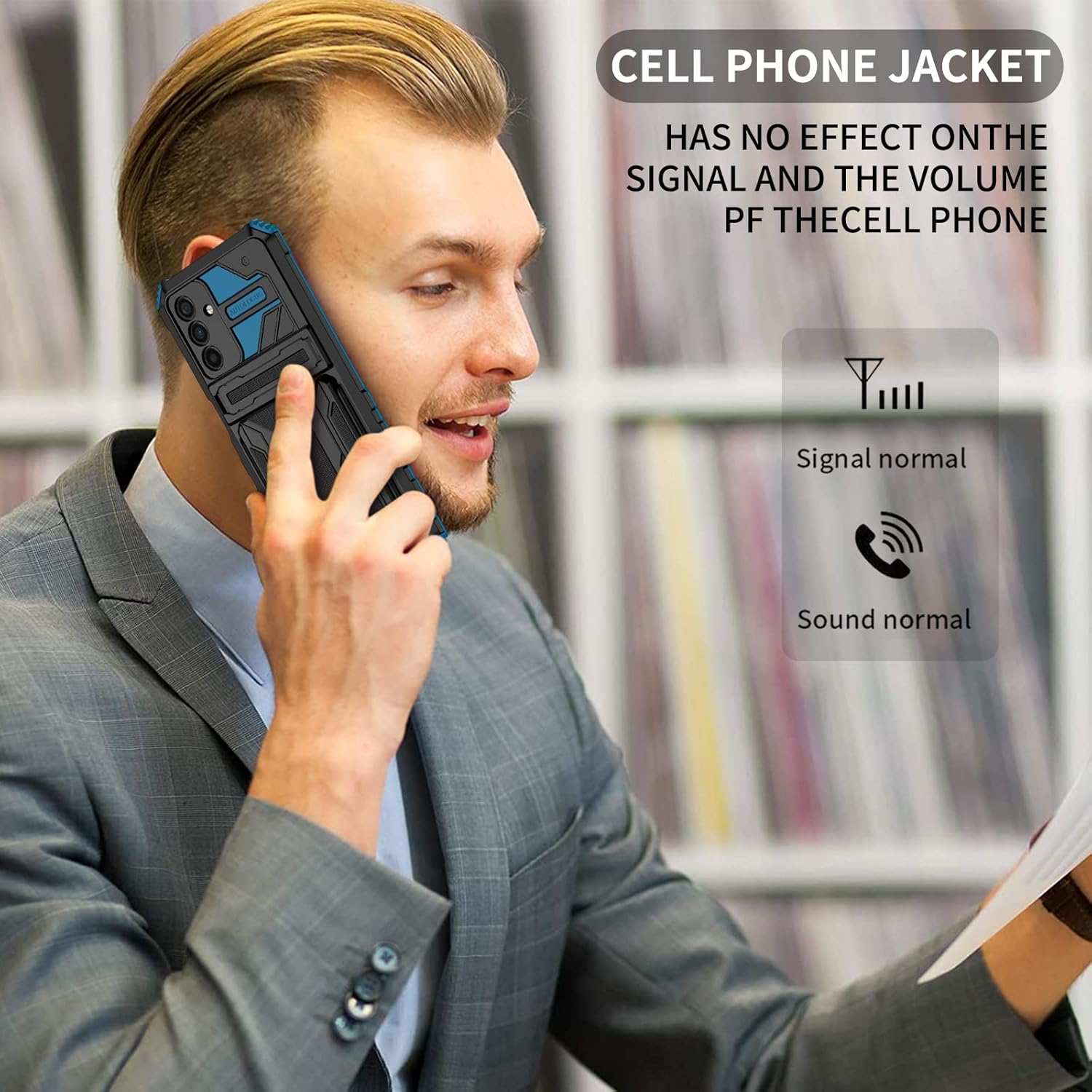 A person holding a phone with the case, showing icons for normal signal and normal sound, indicating no interference.