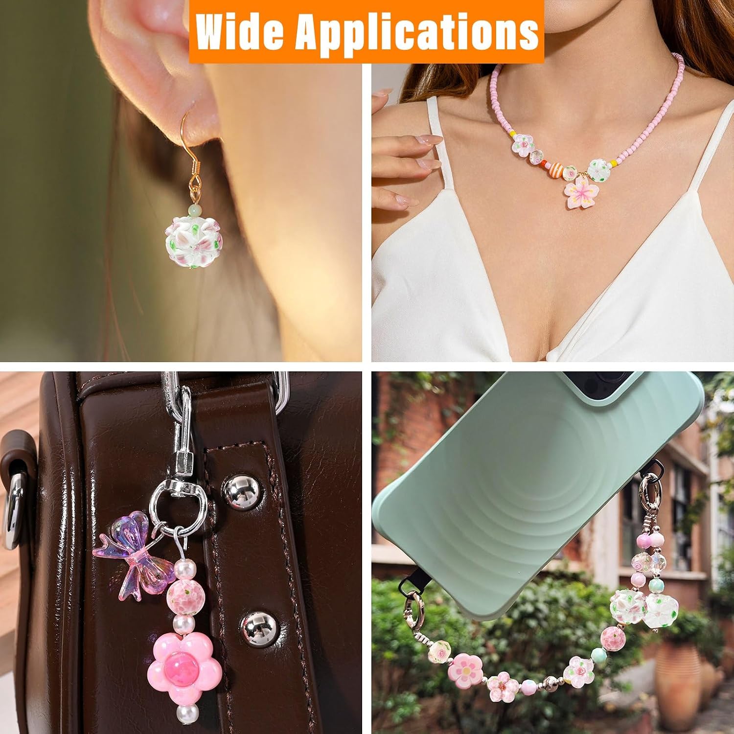 LiQunSweet 21 pcs 7 Styles Handmade Lampwork Glass Pink Flower Beads Lovely Floral Spacer Beads for DIY Jewelry Bracelet Necklace Earring Crafts Bag Keychain