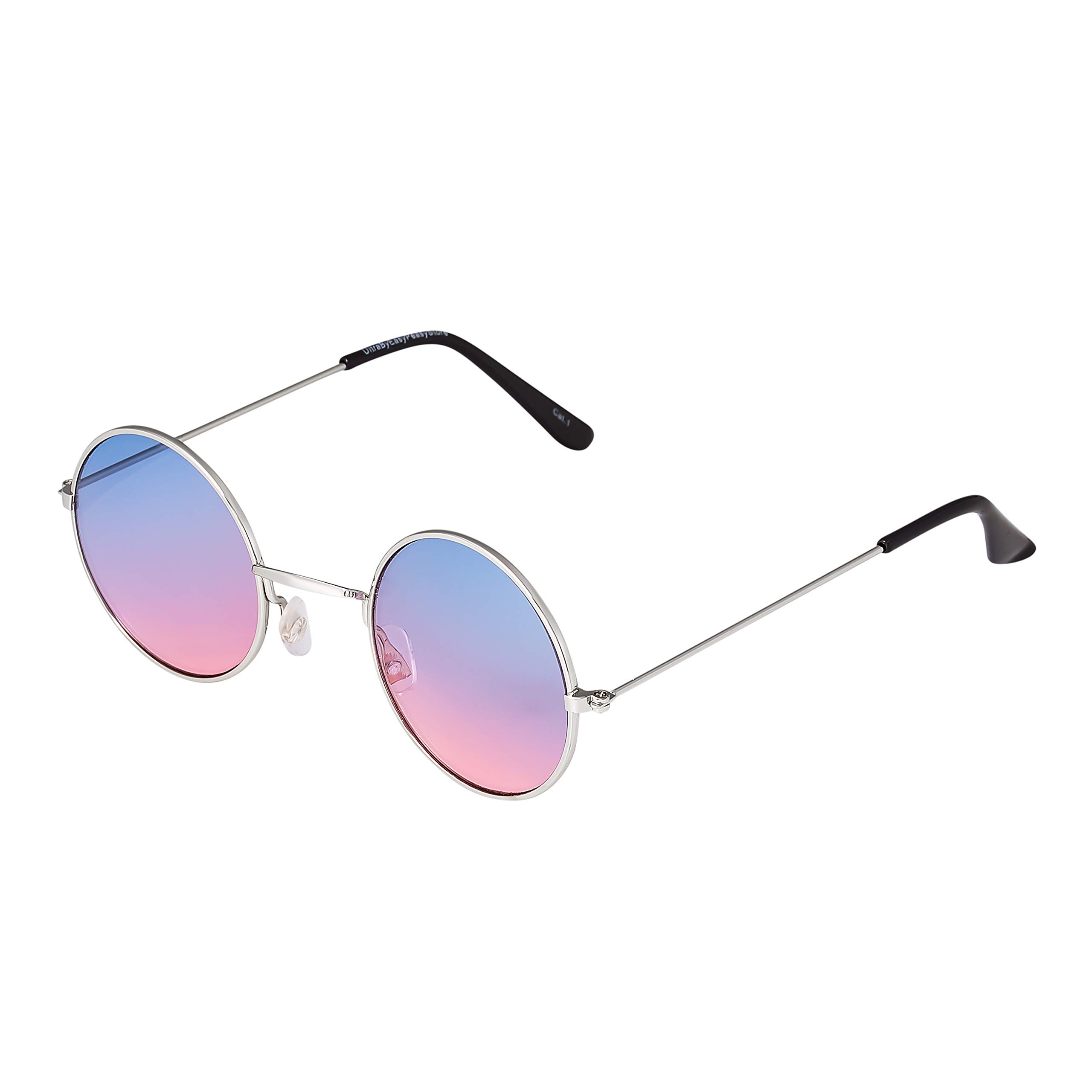 Ultrabyeasypeasystore Unisex Silver Frame Blue To Pink Lenses Ultra Retro Round Sunglasses Metal Frame Circle Lens Uv400 Protection Vintage Style Mens Womens Shades - Silver With Blue To Pink Lenses