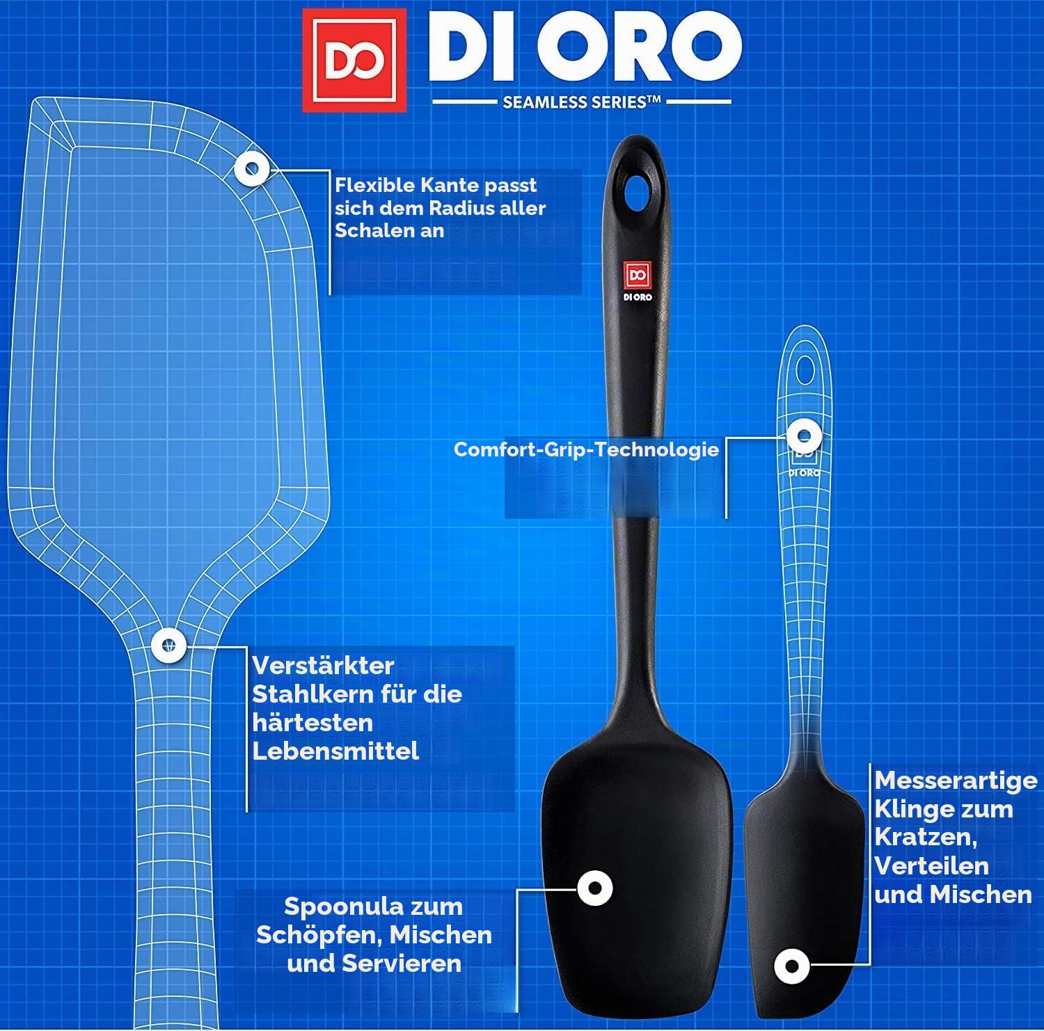 DI ORO® Seamless Series Pfannenwender Silikon Set - 315°C Hitzebeständiges Teigschaber-Set - Küchenutensilienset aus Silikon Antihaft-Kochgeschirr Sicher - Lebensmittelqualität (5 Stücke, Schwarz)