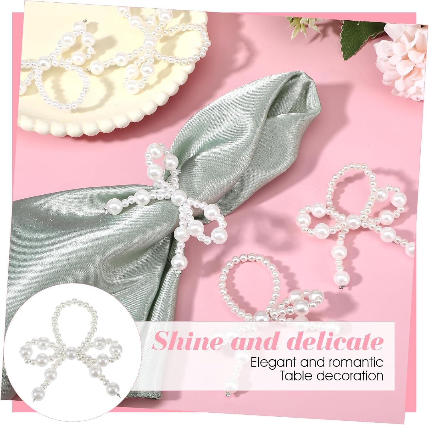 48 Pcs Pearl Bow Napkin Rings Imitation Bow Pearl Ring Napkin Holder Delicate Beaded Serviette Buckles for Christmas Wedding Party Dinner Table Decor and Daily Use(Elegant)