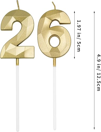 Miniatura 2 de Velas de cumpleaños número 26 y 62 para pastel, velas doradas con forma de diamante 3D con forma de diamante, decoraciones de cumpleaños,