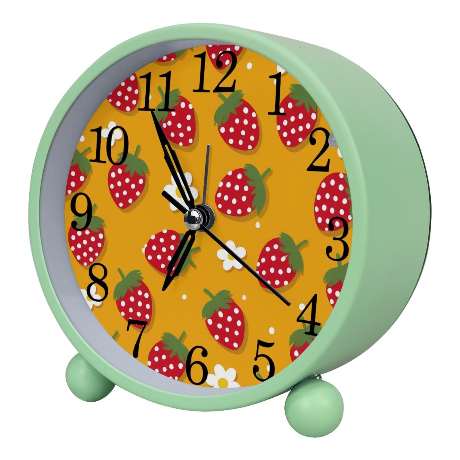 etoenbrc Strawberries and Daisies Round Battery Operated Bedside Alarm Clock Non-Ticking Desktop Silent Analog Alarm Clock with Light