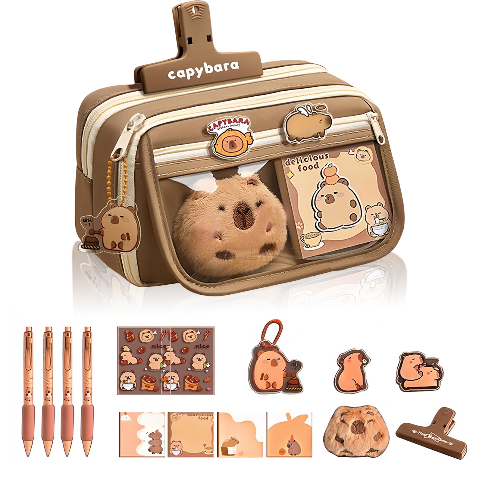 CharmBurst 1 Set Capybara Pencil Case Large, Kawaii Pen Pouch with Plush Figure, Capybara Keyring, Stationery Set, Stickers, For School Start