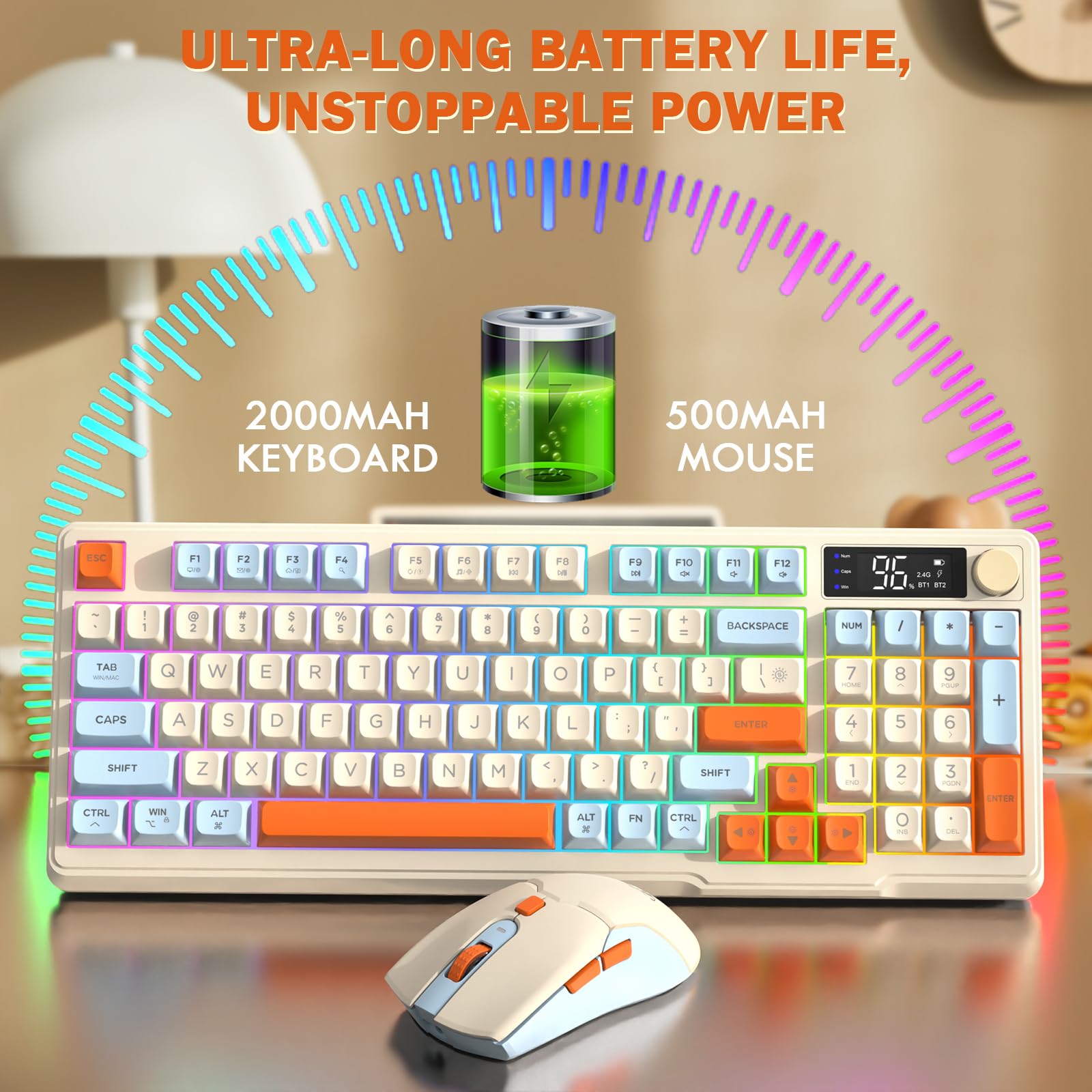 FREEWOLF T96 Clavier et Souris sans Fil, Bluetooth & 2,4G, Touches PBT, Molette Multimédia, Écran LCD, Silencieux, Anti-Ghosting, Disposition QWERTY, Rechargeable, pour Mac/Windows/Linux - Myrtille