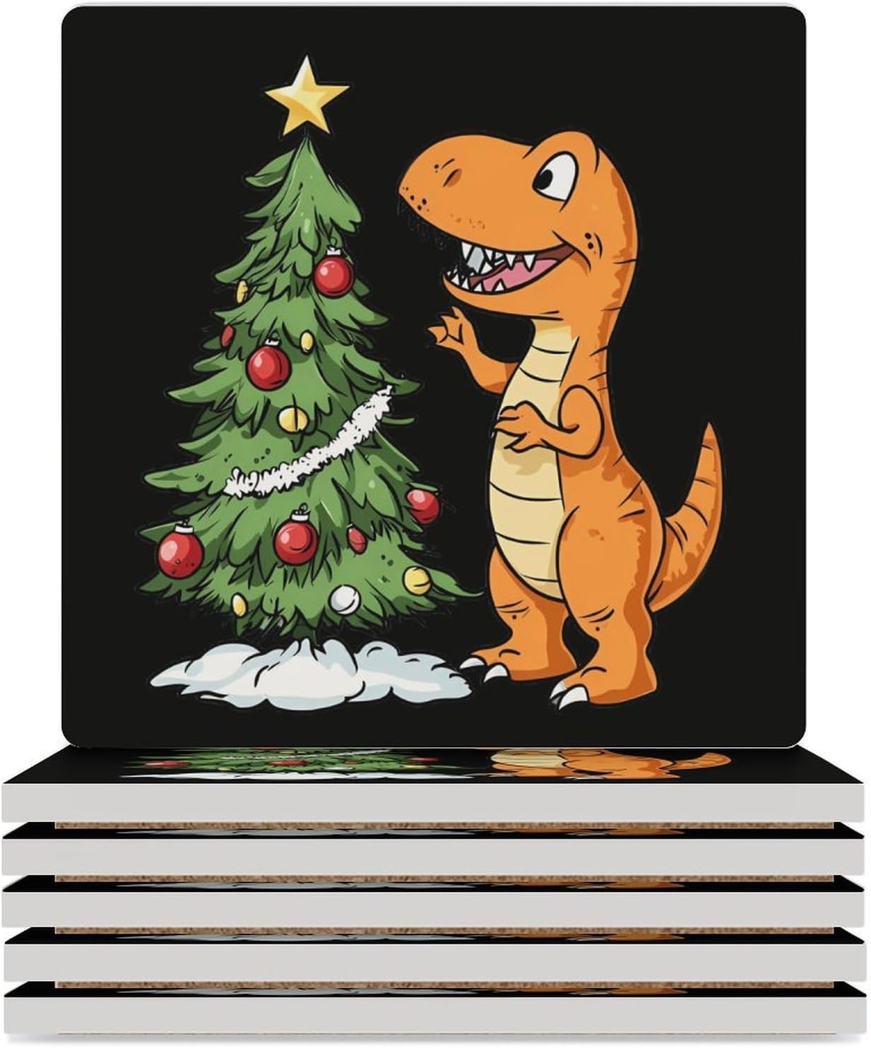 Dragon Christmas Tree Funny Ceramic Coasters for Drinks Absorbent Cup Holder Tabletop Protector with Cork Base