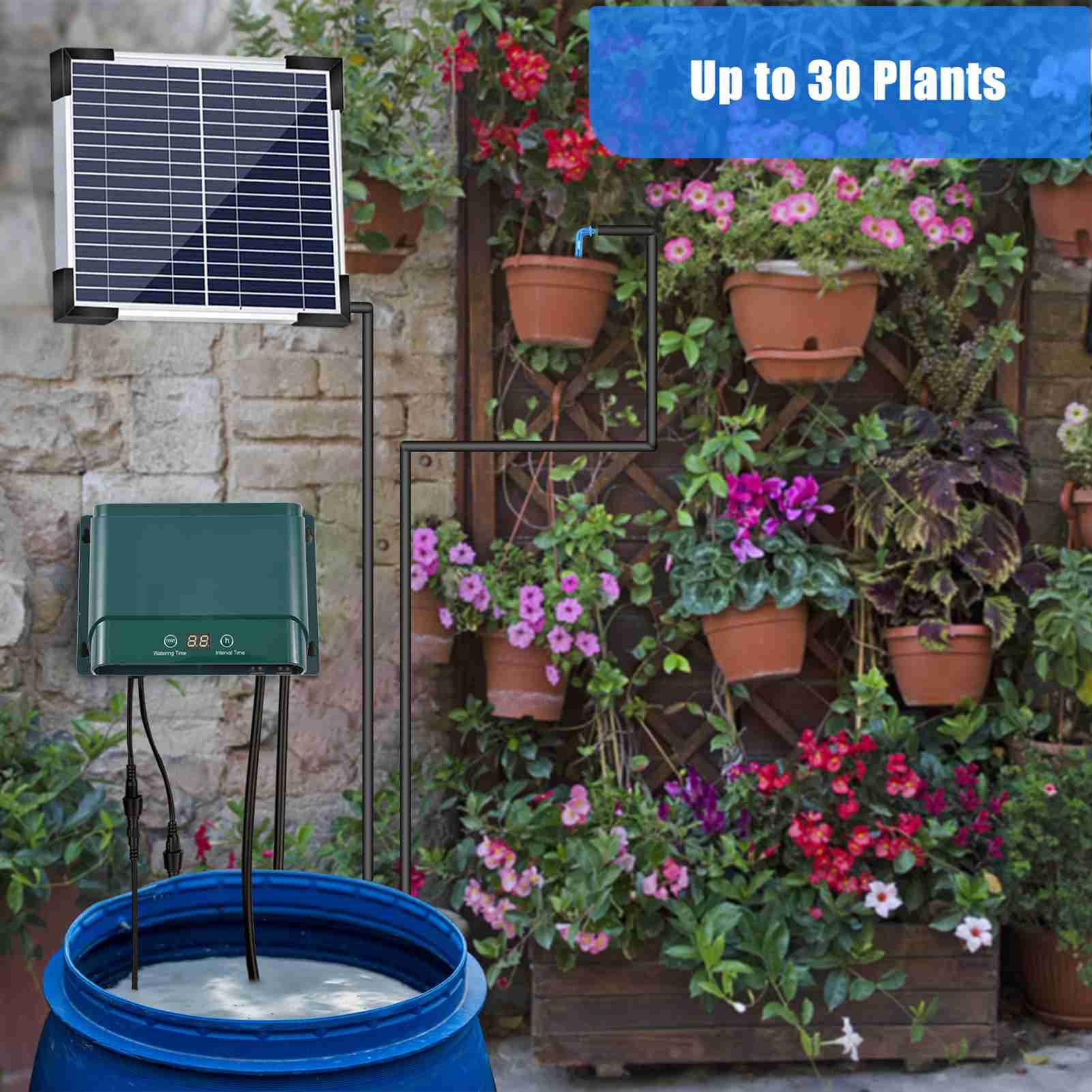 Kit di Irrigazione a Goccia Ad Energia Solare con 30 modalità di Irrigazione e 7 modalità Timer - Dispositivo Automatico Economico per Fiori e Giardini in Vaso