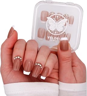 3D Handmade Press On Nails, Medium Square Oval Shaped w/Rhinestones & White Tips, Acrylic, Gel, Reusable Kit, For Women & Girls Daily Wear or Special Occasion (Chic French - S)