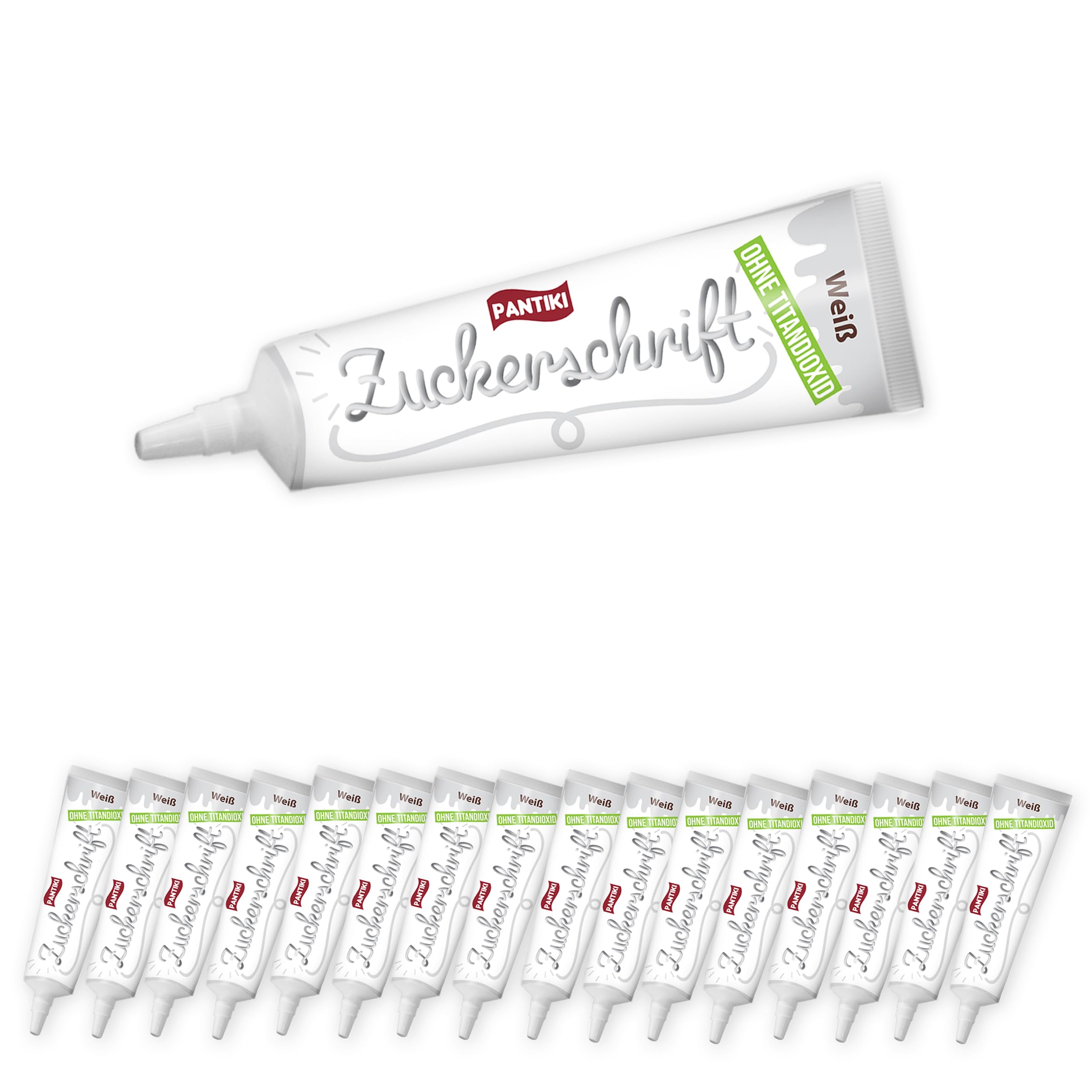 50x Zuckerschrift Tube weiß zum selber Verzieren wiederverschließbar, 24g | PANTIKI Gebäck verzieren einfach Kuchen beschriften Torten dekorieren perfekter Zuckerguss weiss deckend für Lebkuchen
