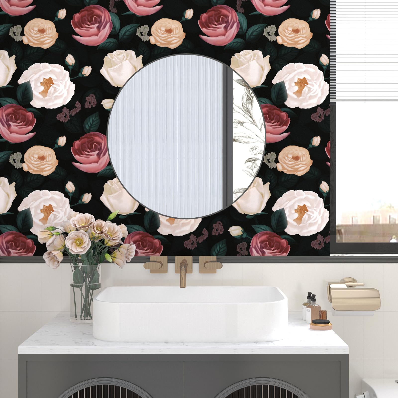 VOLEAAR Dark Black Rose Floral Wallpaper Peel and Stick Vintage Contact Paper Retro Boho Vinyl Removable Waterproof for Drawer Walls Cabinet Bedroom Shlef Liner 44.5CM x 1000CM - Image 3