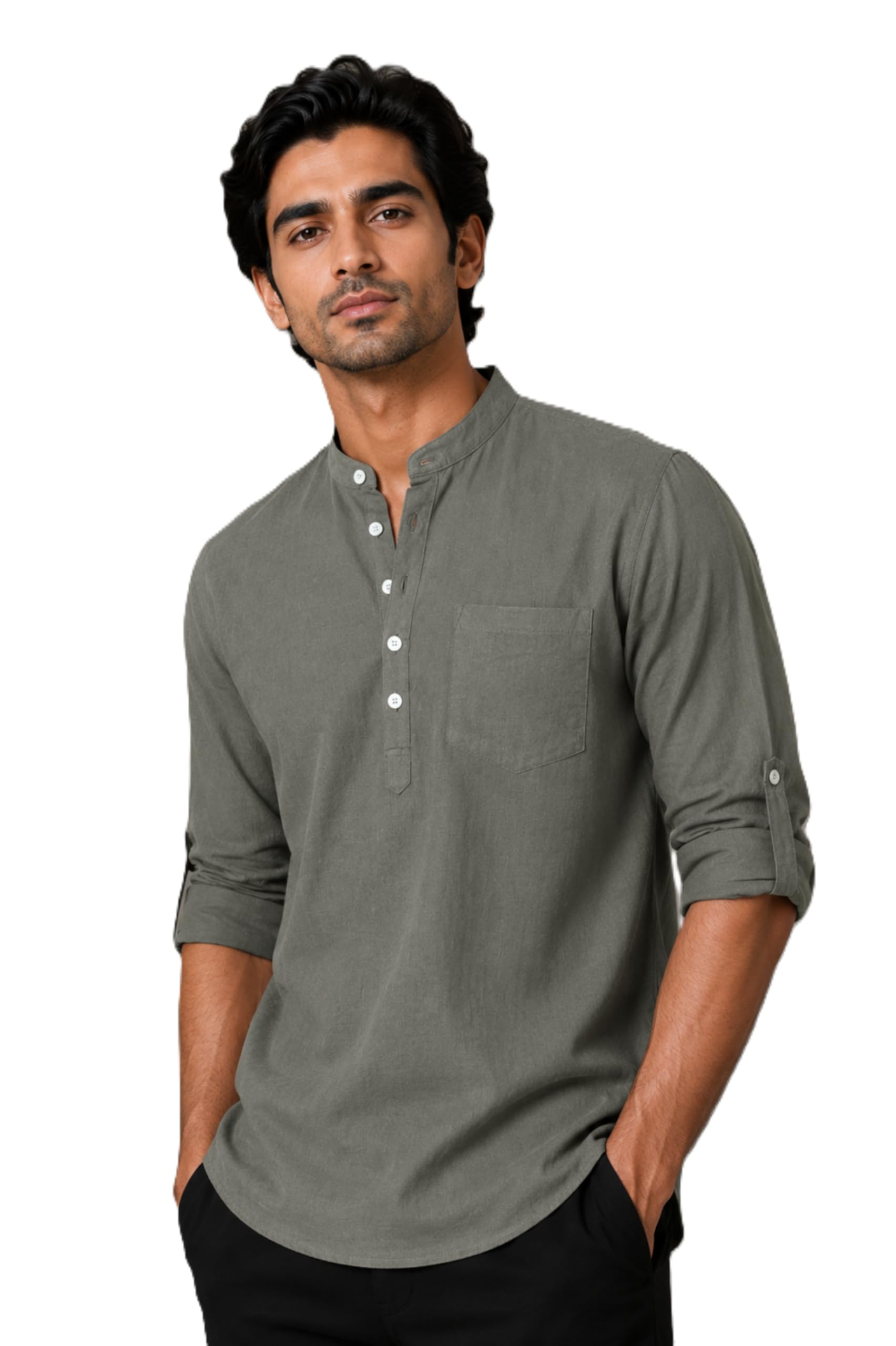 Men's Cotton Linen Blend Relax Fit Short Kurta | Mandarin Collar | Roll-Up Sleeves | Hip Length | Solid Gray-picture-39