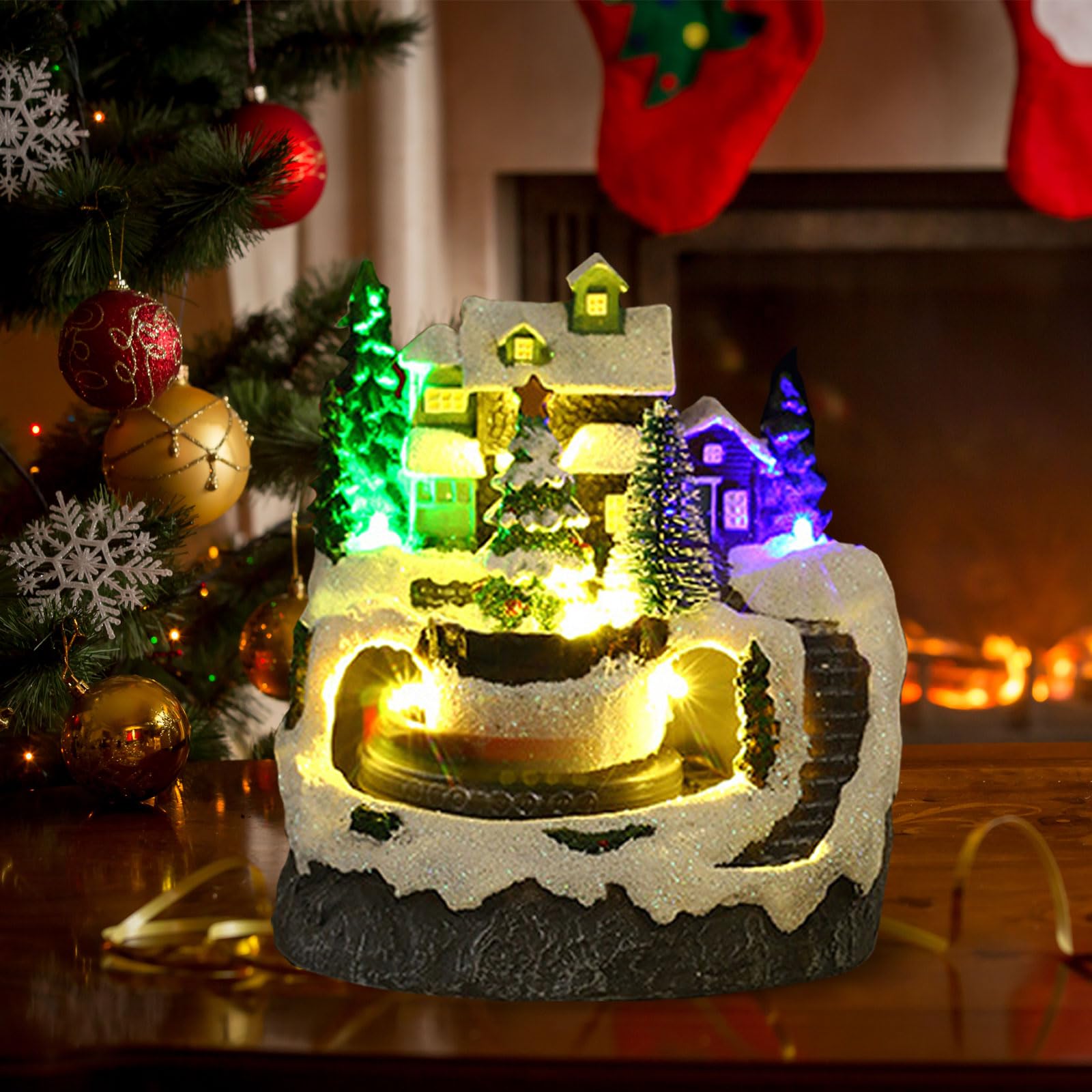 Village de Noel Lumineux, Village de Noel Miniature avec LED, Musical et Treno Tournant Animé, Alimentation par Batterie et USB Village Noel Petite maisons de Noël pour Fête de Noël Decoration