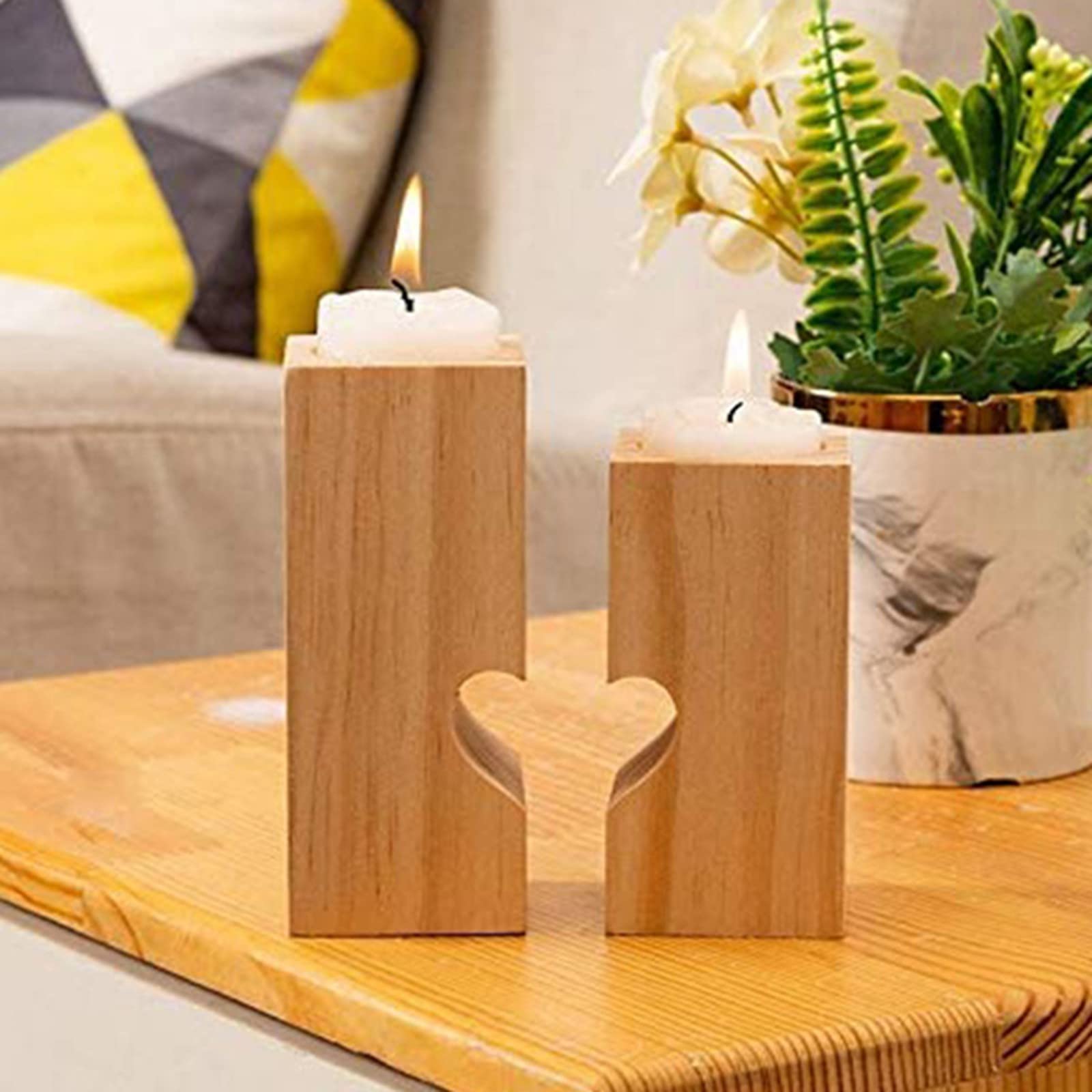 Portacandele In Legno Con Vassoio A Cuore - Set 3 Pezzi Decorativi Per Tavolo Con Pietre, Stile Rustico