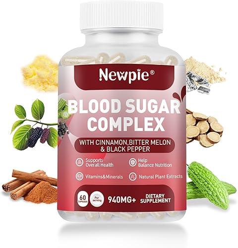 Suplemento complejo de azúcar en la sangre, natural con 20 hierbas activas y vitaminas, incluyendo canela, melón amargo, pimienta negra, regaliz,
