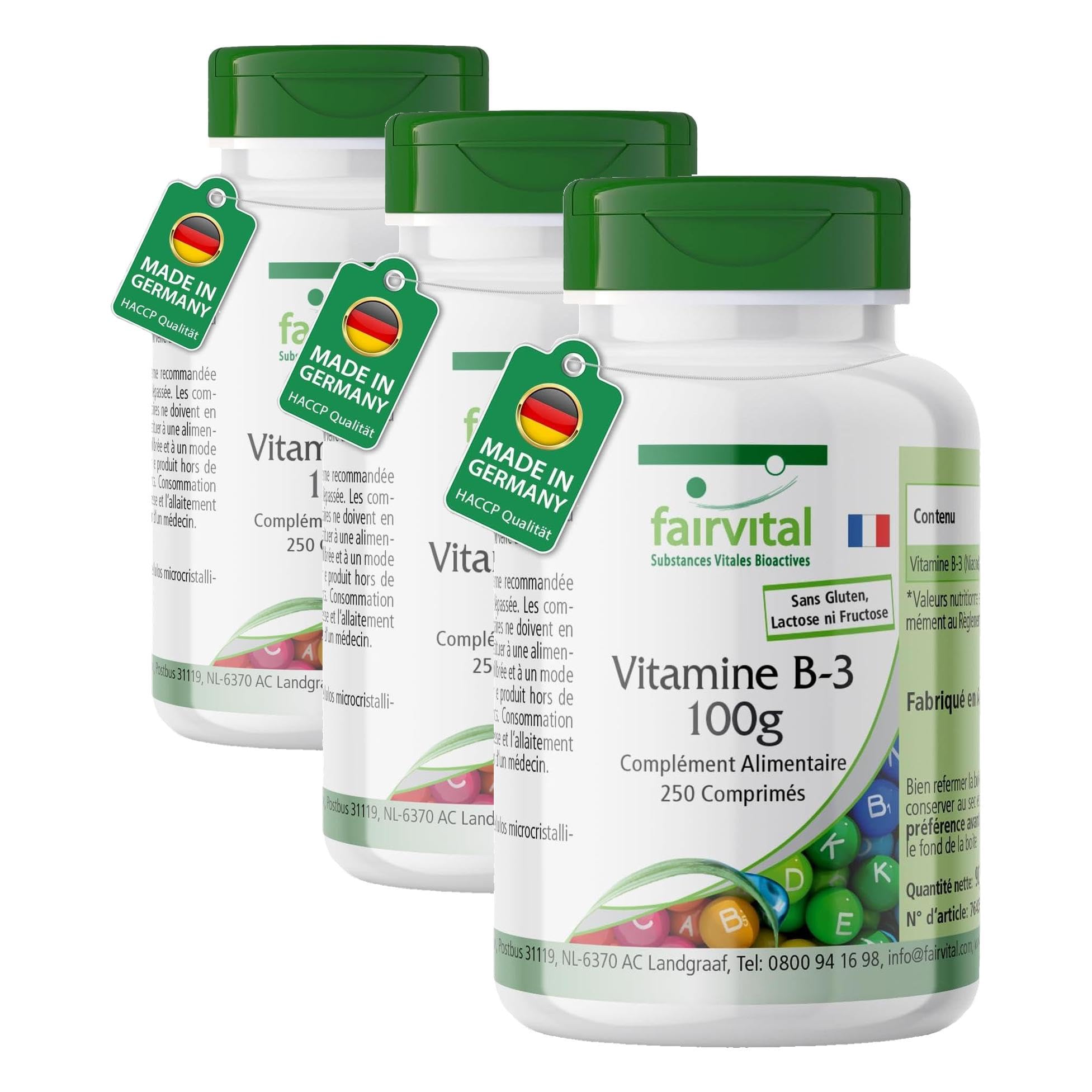 fairvital Vitamine B3 Niacine 100mg, 250 comprimés, faciles à avaler, HAUTEMENT DOSÉE, VÉGÉTALIENNE, nicotinamide (Lot de 3)