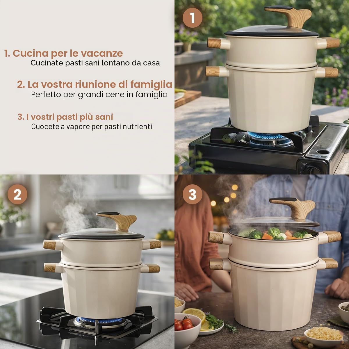 Royal Swiss Pentola per cuocere a vapore per cucinare in modo sano, 24 cm, in acciaio inox, con coperchio in vetro, manici in bambù, adatta a piani cottura a induzione, calore uniforme, facile da