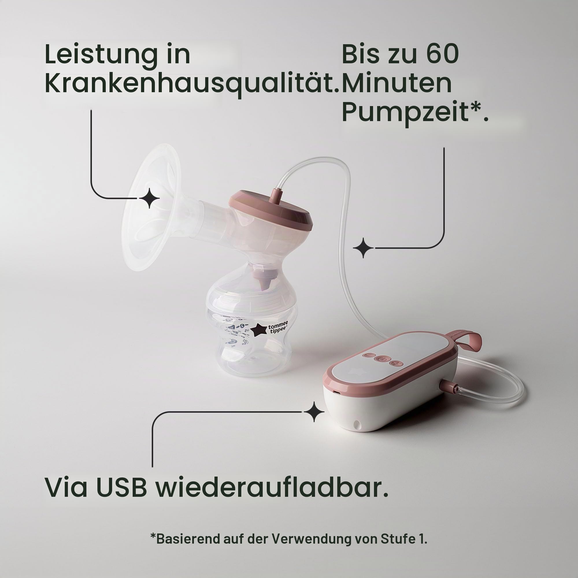 Tommee Tippee Made for Me Elektrische Einzel-Milchpumpe, Starke Saugkraft, Angenehmer Tragekomfort, wiederaufladbar über USB, leise, tragbar, Express-Modi, samt Babyflaschen