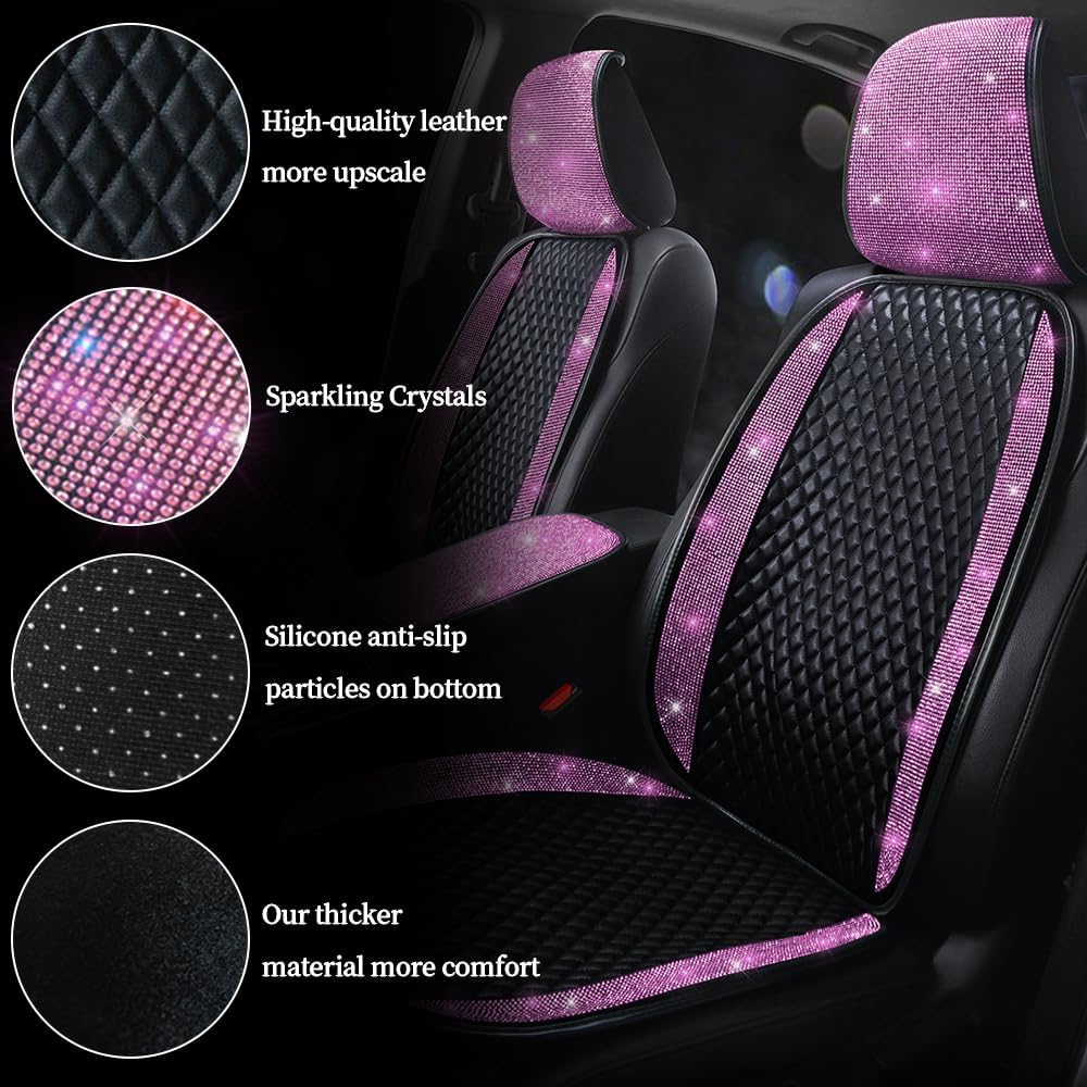 Luxury PU Leather Car Seat Cover Protector Bling Rhinestones Diamond Front Auto Seat Protector Pad for Girls Women or Ladies Auto Sparkling Crystal Universal Interior Accessories Pink 2Seats