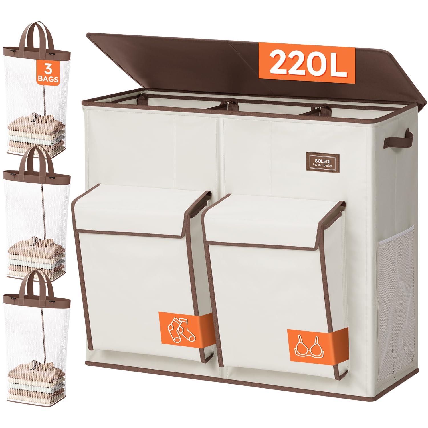 SOLEDI 220L Large Laundry Basket with Lid 3 Section Heavy Duty Laundry Hamper with 2 Side Pockets and 3 Removable Bags Suitable for Family, Foldable Clothes Storage Bin for Bedroom, College, Flat