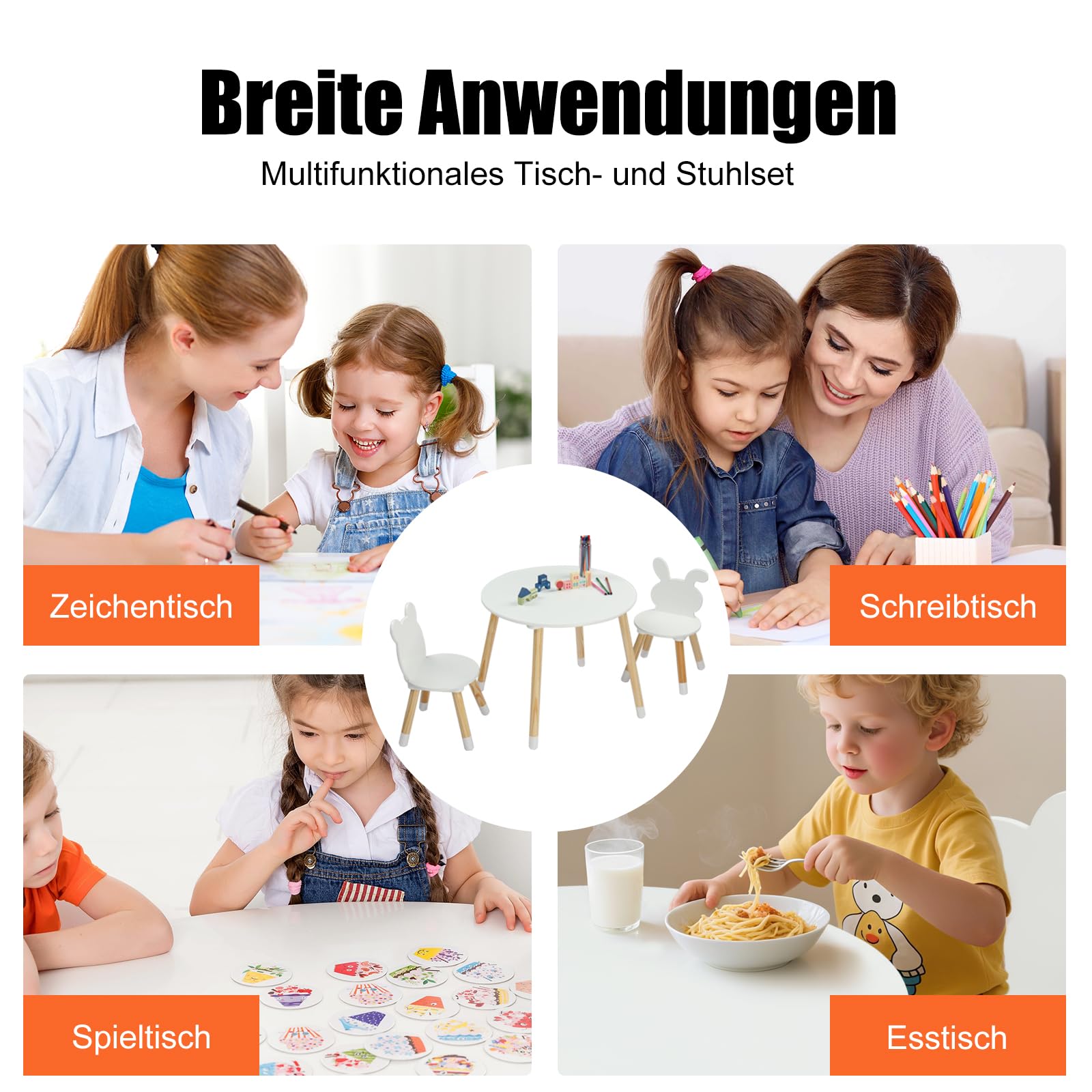 LEADZM Kindertisch mit 2 Stühlen, Kindersitzgruppe, Sitzgruppe für Kinder, mit Kiefer Beine Kindermöbel für Kinderzimmer Kindergärten Weiß