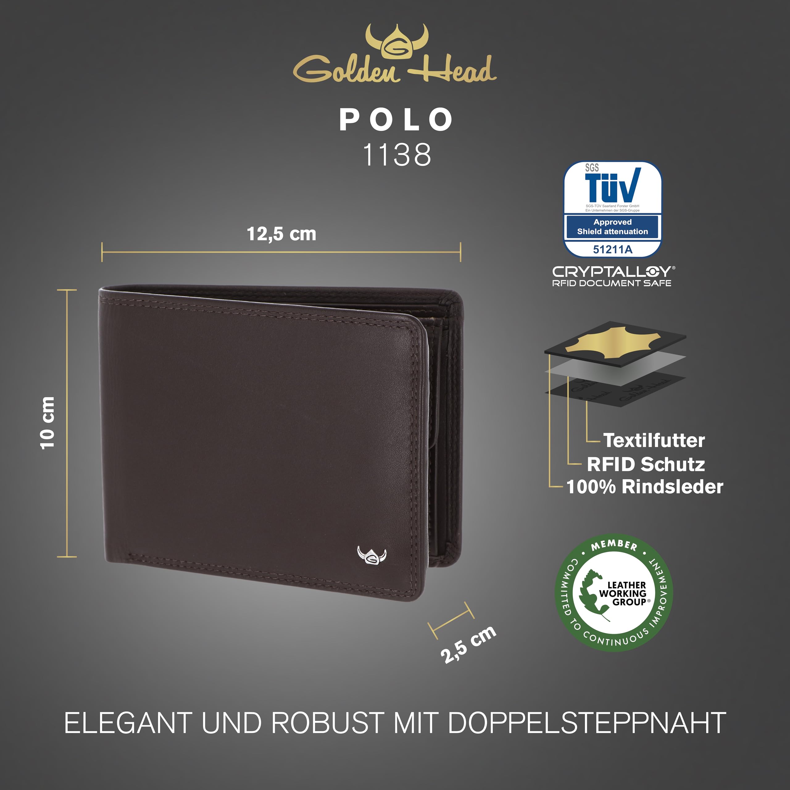 Golden Head Leder Geldbörse Polo RFID Protect Scheintasche 1138 Dunkelbraun