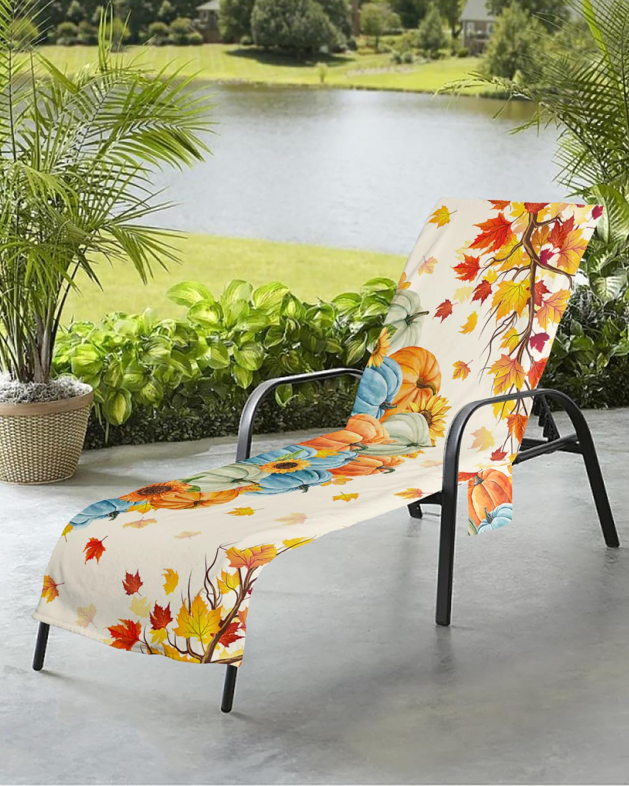 Thanksgiving Fall Beach Chair Towel Covers for Chaise Lounge with Side Pocket, Soft Plush Pool Towels Cover for Patio Sunbathing Outdoor 29''x85'' Pumpkin Autumn Maple Leaves