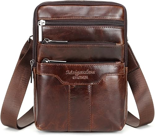 Bolso bandolera vintage de piel de vaca para hombre, Marrón oscuro