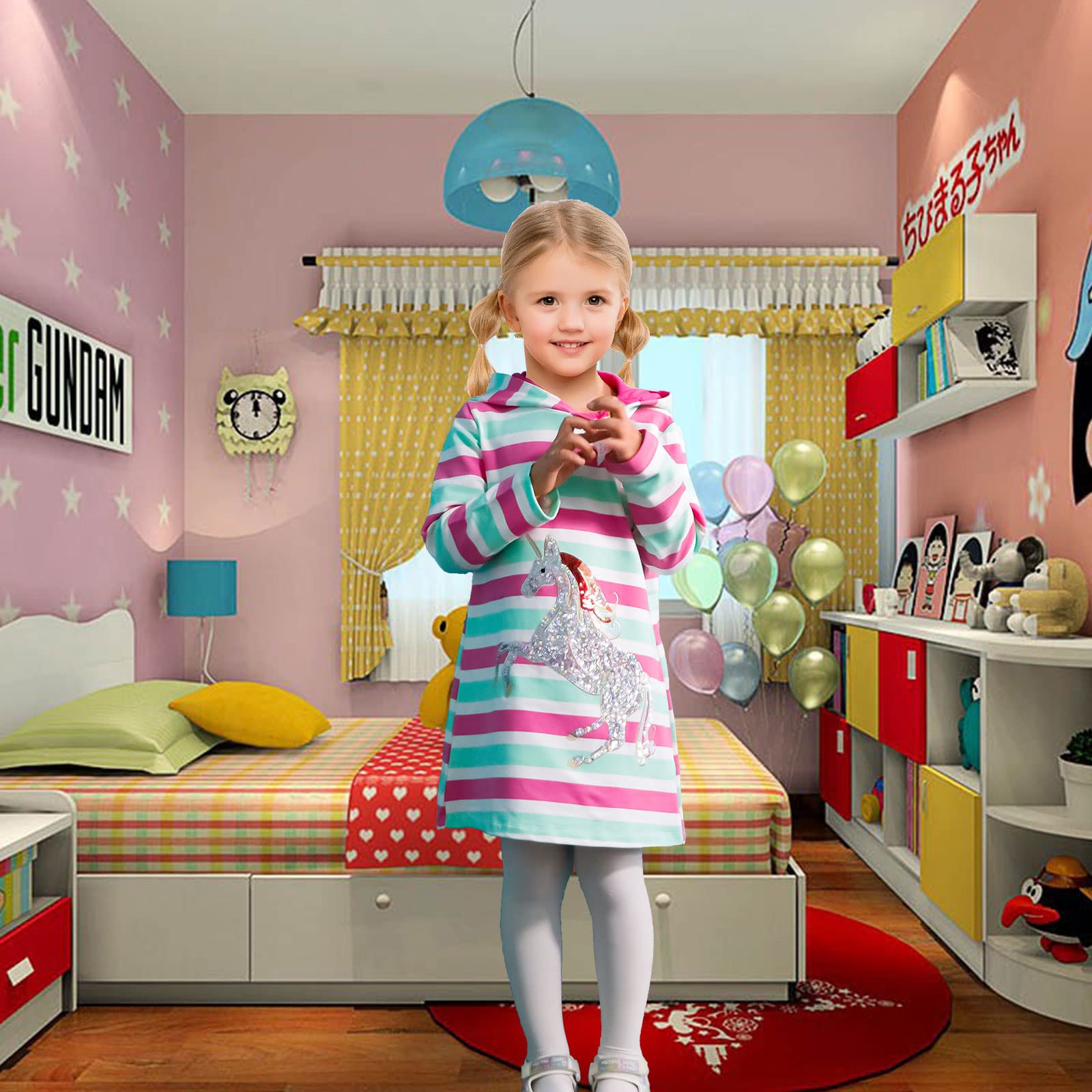 Mädchen Kleid Baumwolle Langarm Kapuzenpullover Streifen Blumen Pulloverkleid Kapuze Pullover Kleider Hoodie Sweatshirt Hoodiekleider Kapuzenkleid Top Frühling Herbst Winter Kinder 2-7 Jahre