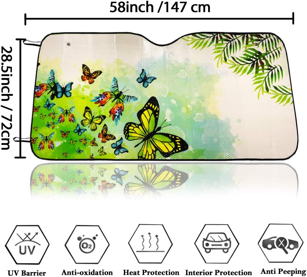 Big Hippo Sun Shade, Windshield Sun Shade Butter-Fly Design Sunshades Keep Vehicle Cool Protect Your Car from Sun Heat & Glare Best UV Ray Visor Protector(Green Size: 58 X 28.5inch)