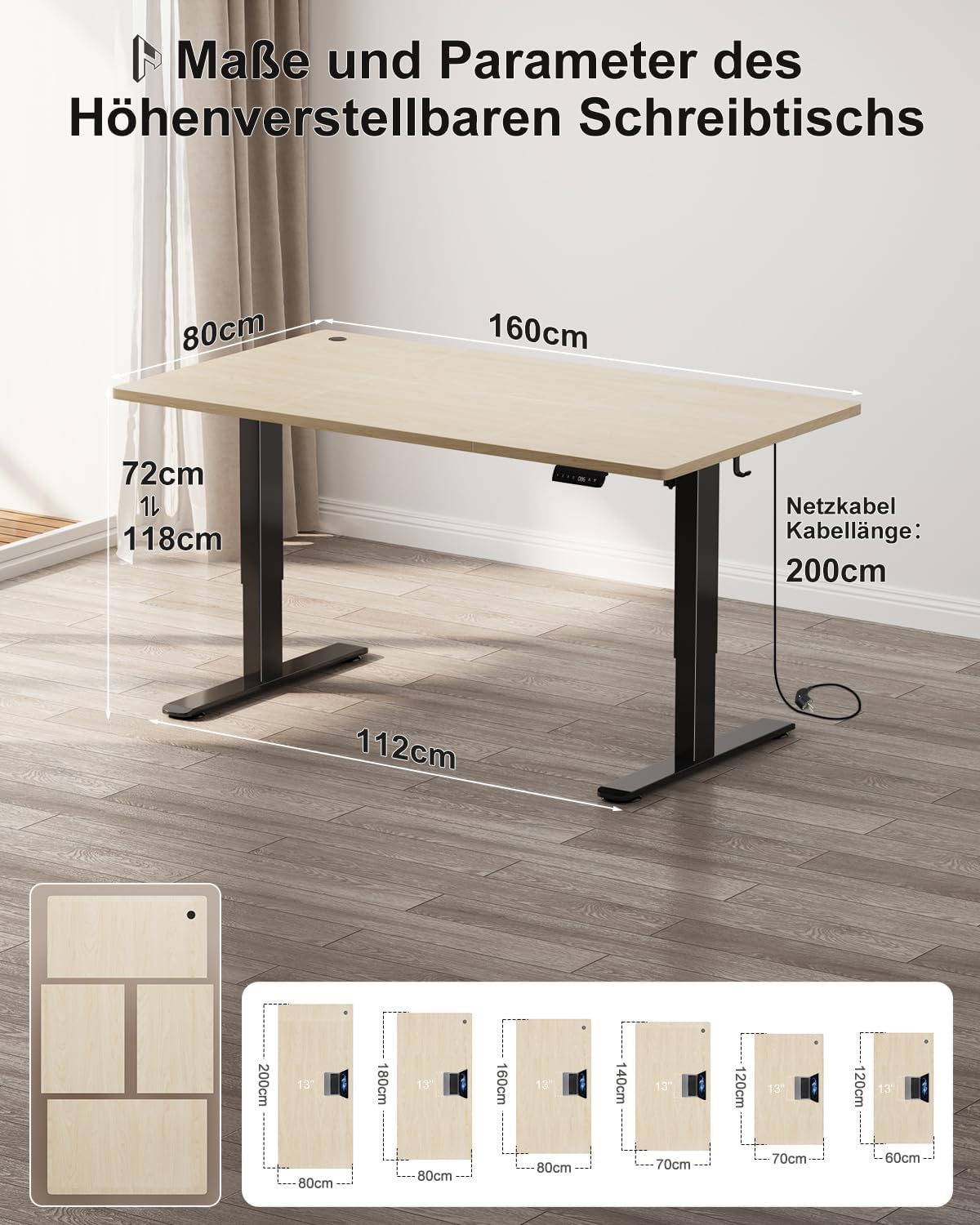 Diagram illustrating the dimensions of the Homall Electric Standing Desk (160x80 cm desktop, 72-128 cm height range)